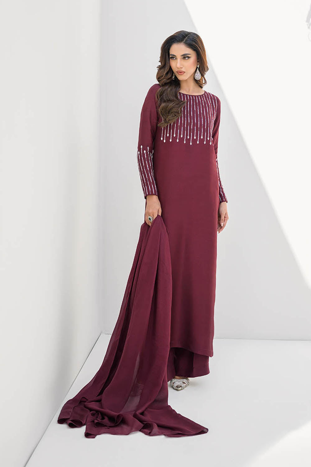 Women Maroon Glace Cotton Embroidered Suit Set