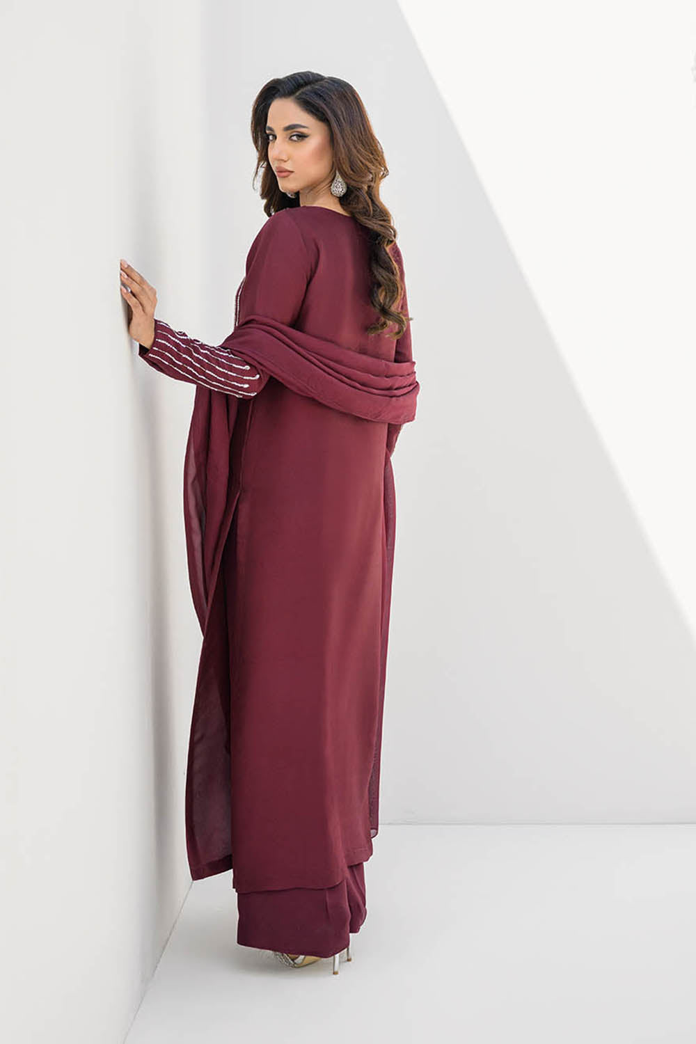 Women Maroon Glace Cotton Embroidered Suit Set