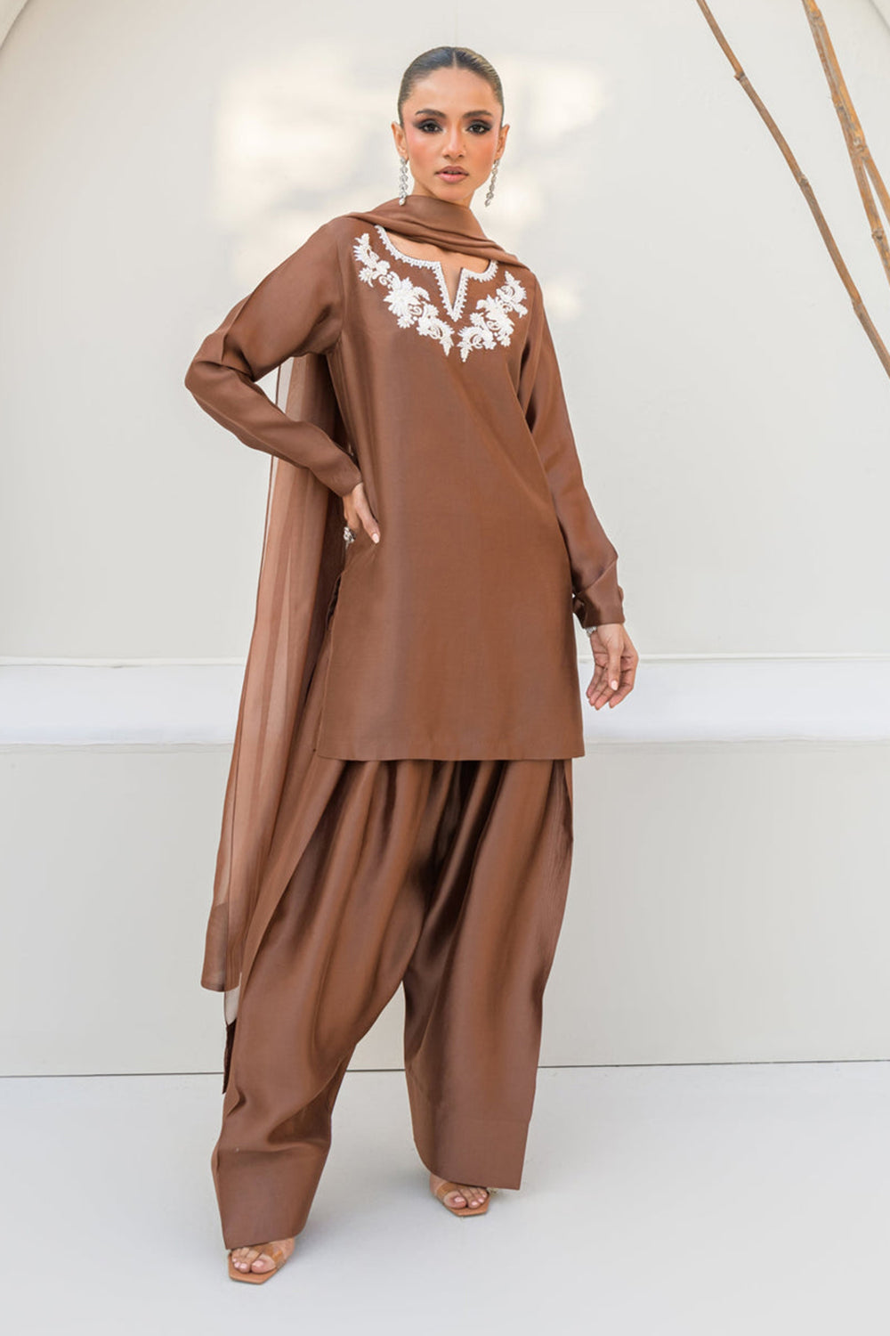Women Mocha Brown Embroidered Silk Suit Set with Farshi Salwar