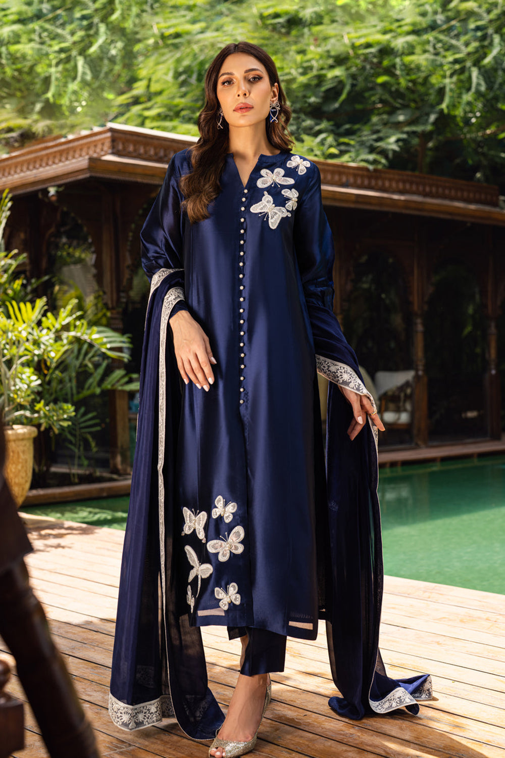 Women Navy Blue Embroidered Silk Suit Set
