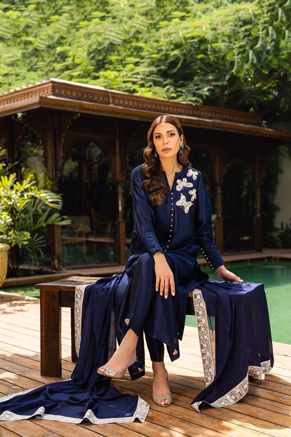 Women Navy Blue Embroidered Silk Suit Set