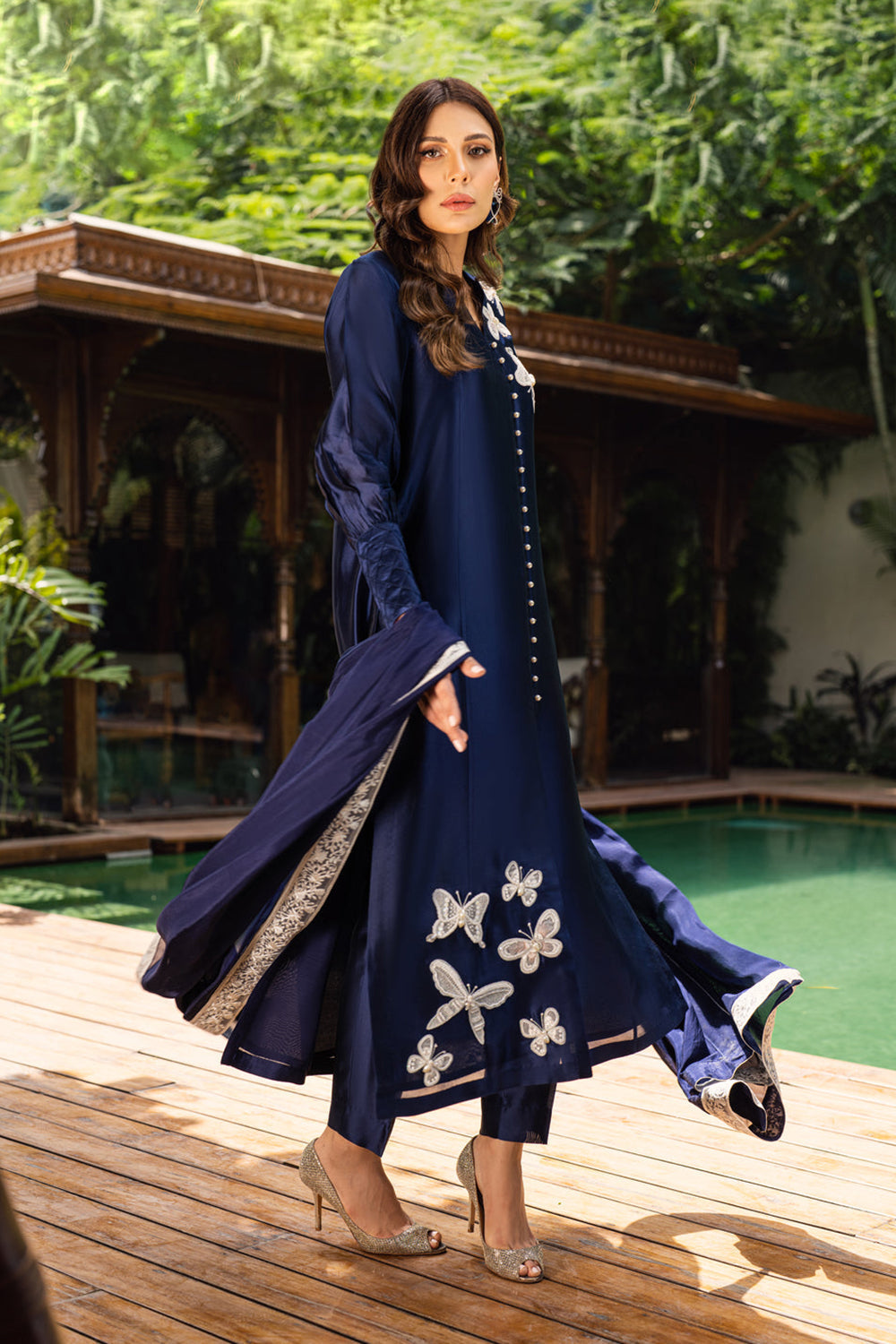 Women Navy Blue Embroidered Silk Suit Set