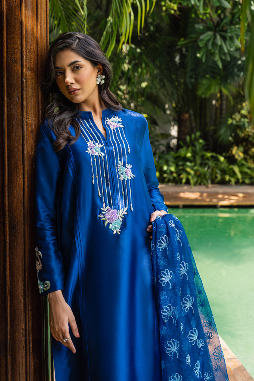Women Royal Blue Embroidered Silk Suit Set