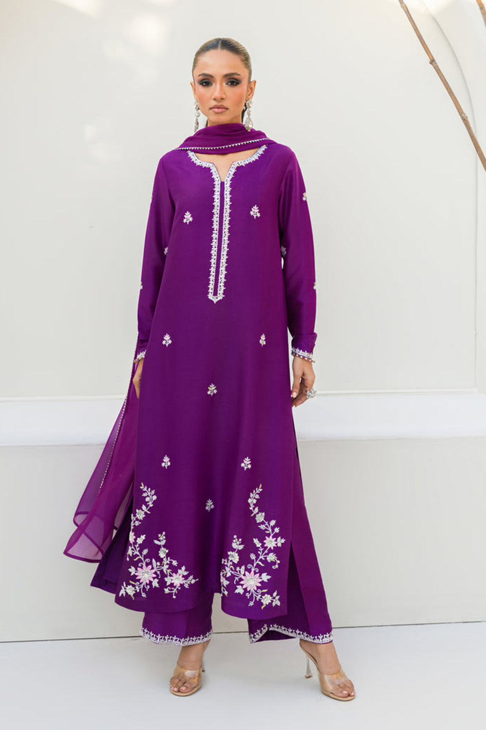 Women Royal Purple Embroidered Silk Suit Set with Palazzo