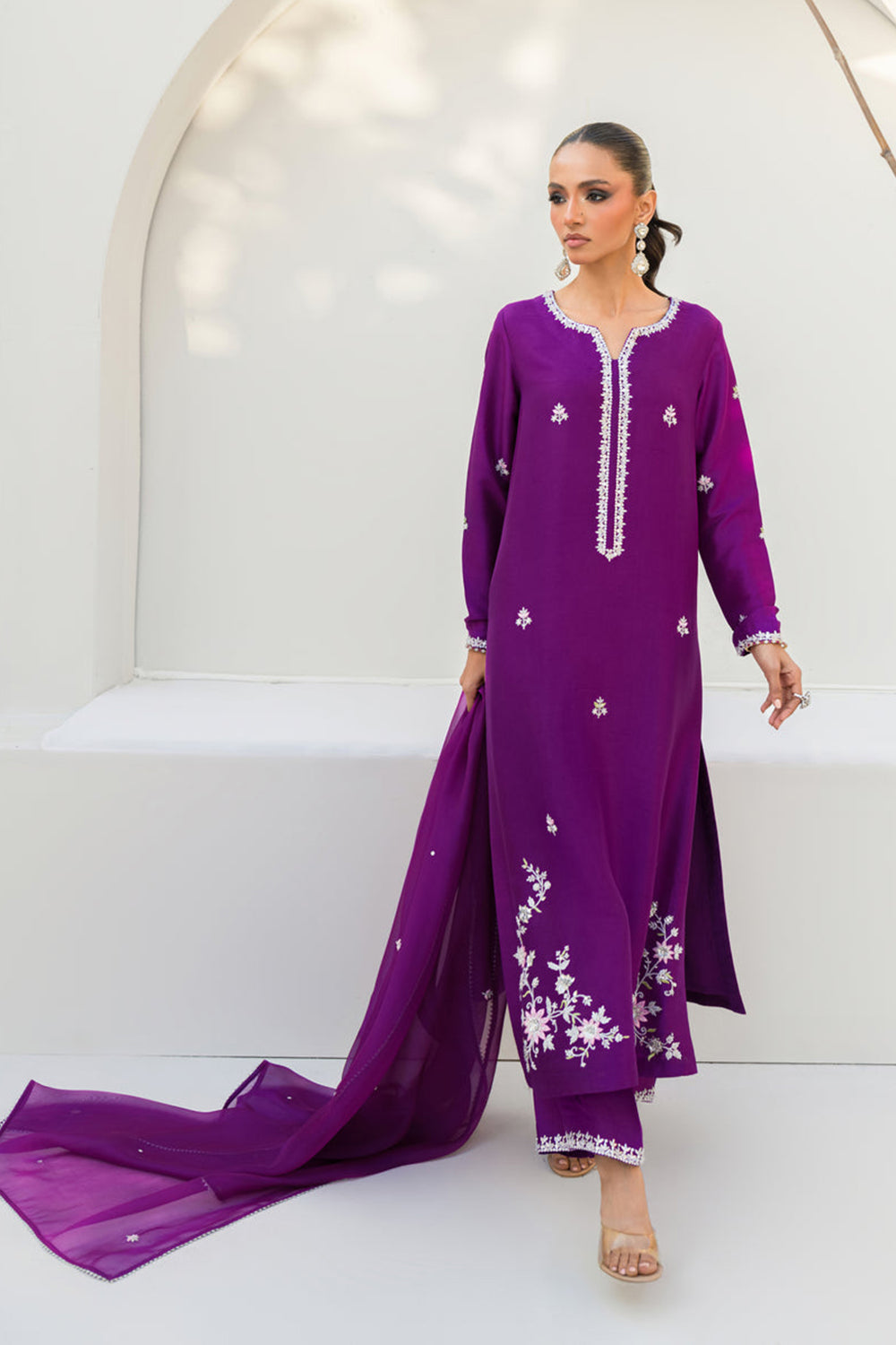 Women Royal Purple Embroidered Silk Suit Set with Palazzo