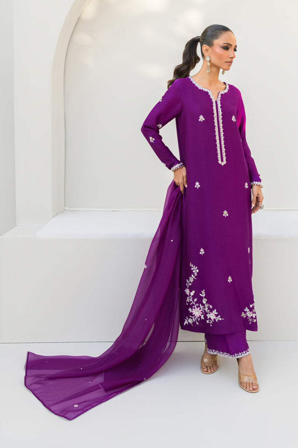 Women Royal Purple Embroidered Silk Suit Set with Palazzo