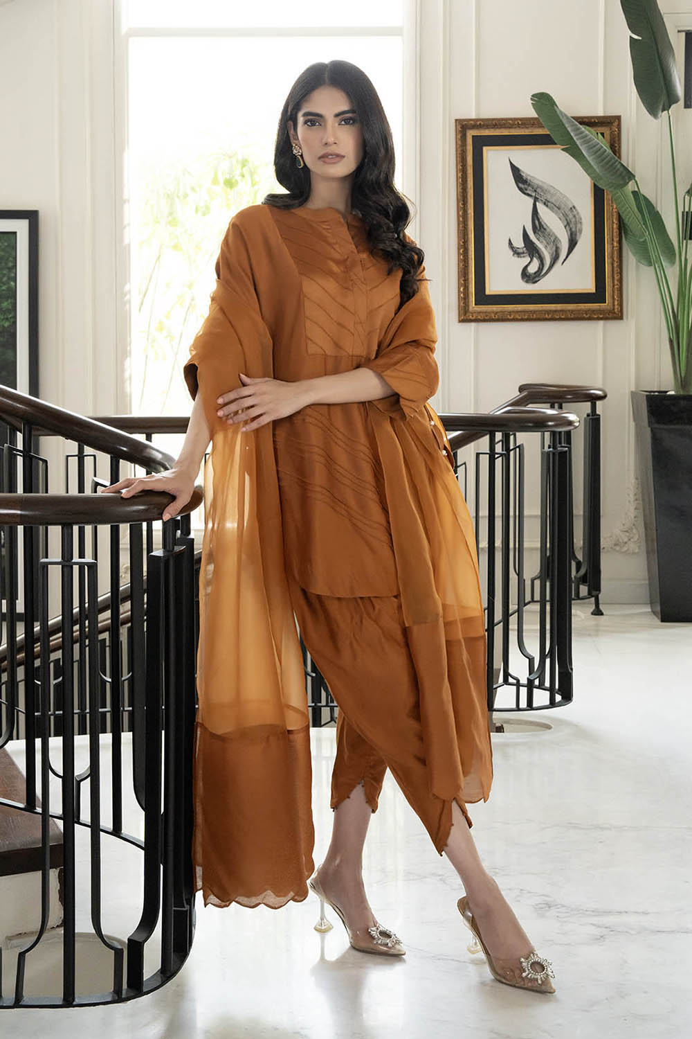 Women Rust Brown Glace Cotton/Cotton Silk Suit Set