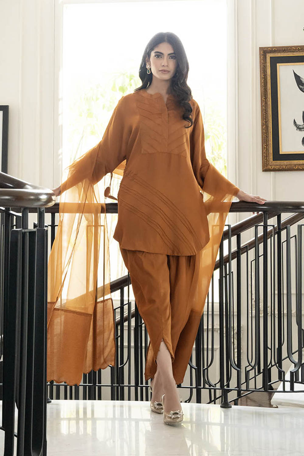 Women Rust Brown Glace Cotton/Cotton Silk Suit Set