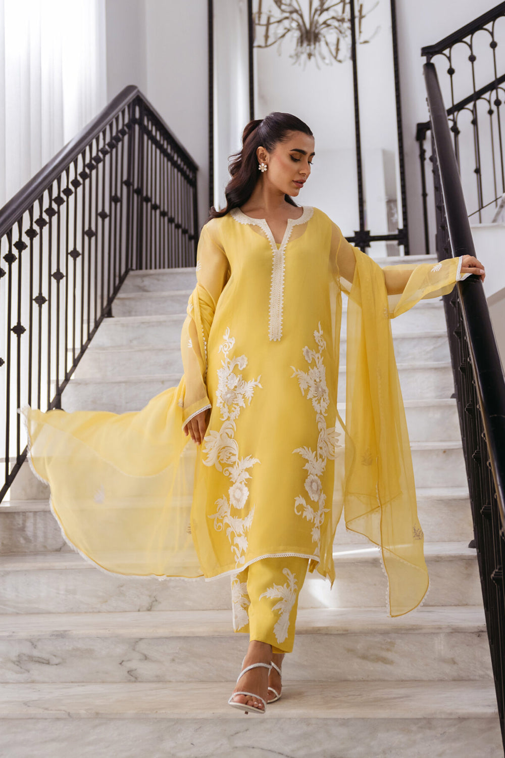 Women Yellow Organza Embroidered Suit Set