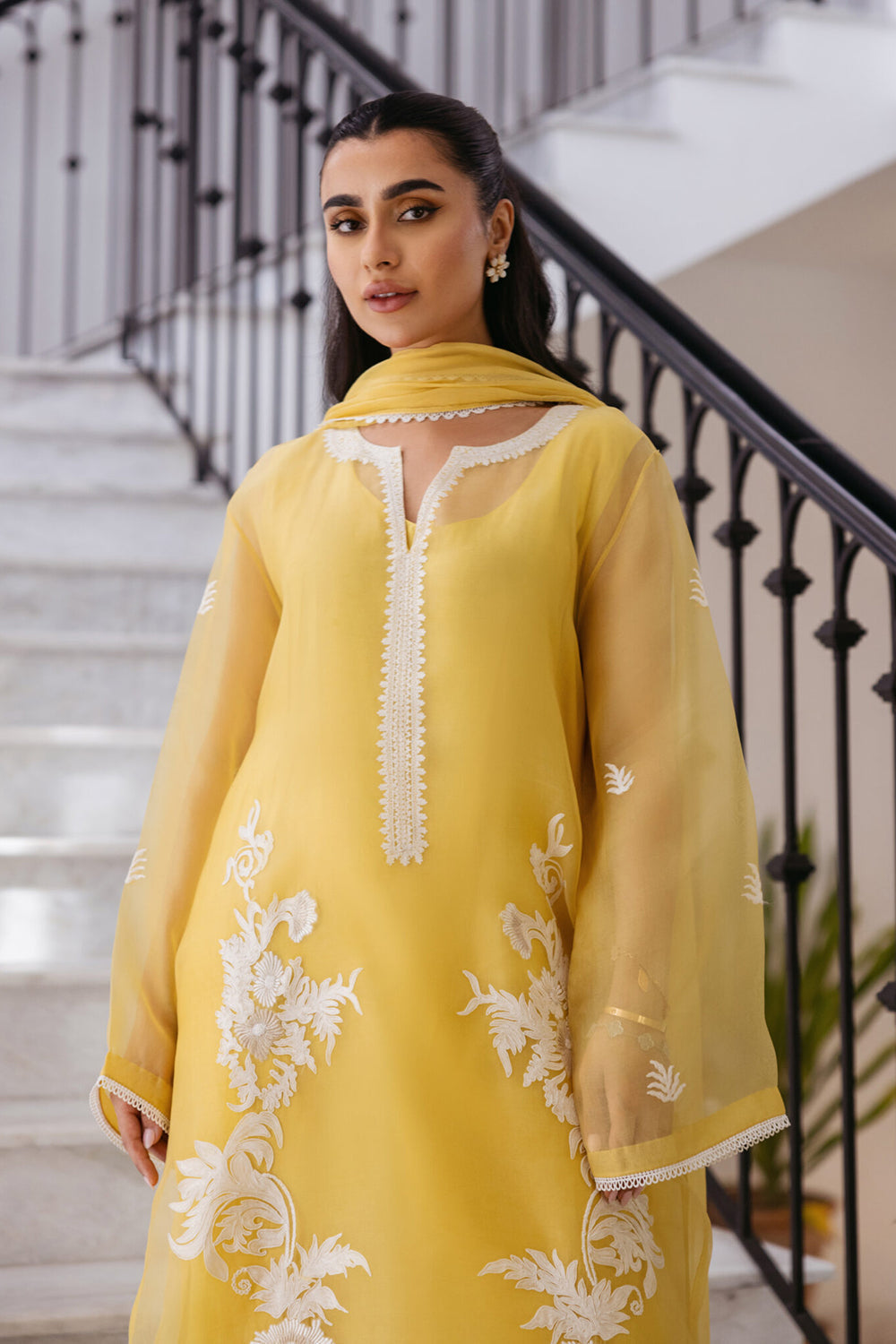 Women Yellow Organza Embroidered Suit Set