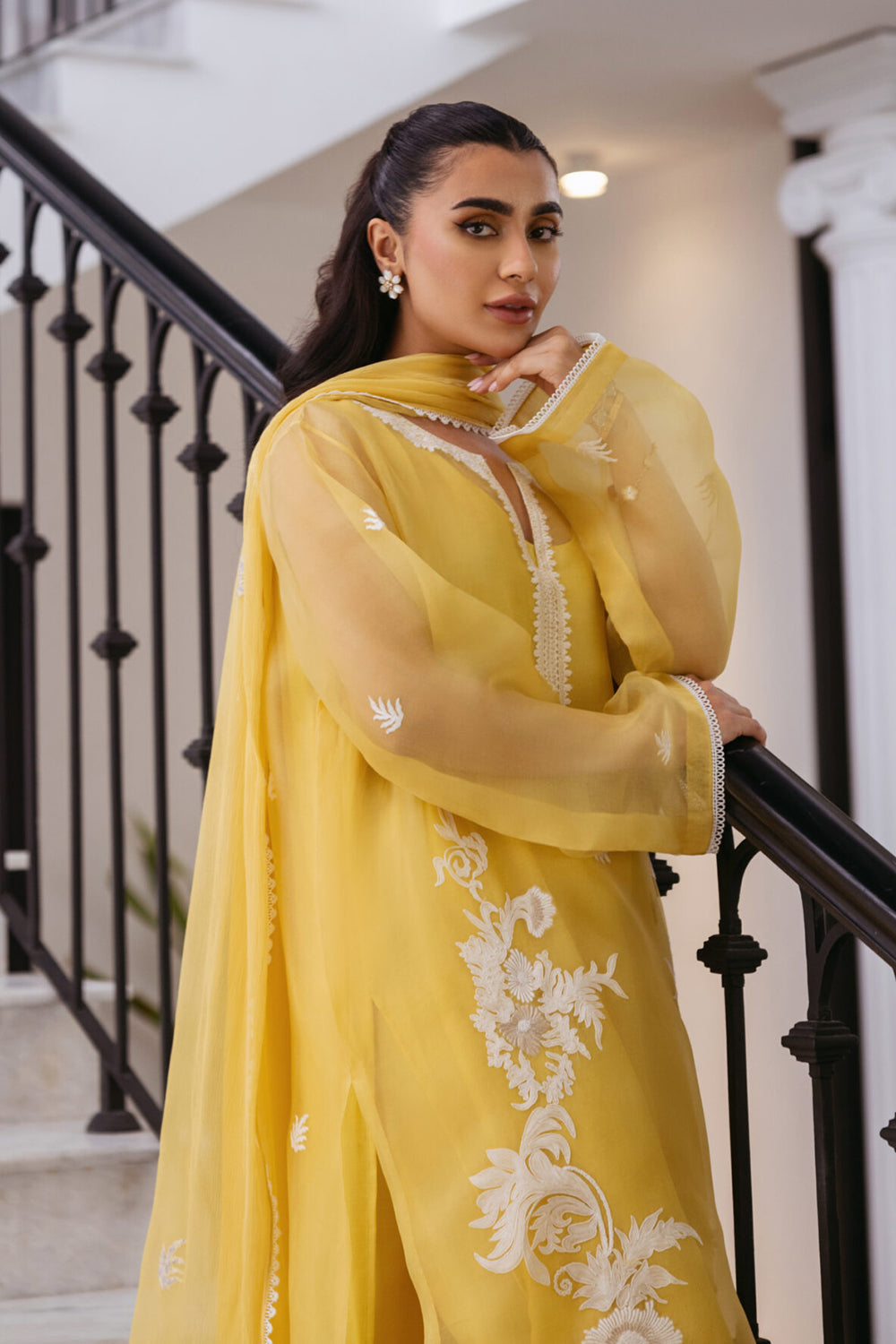 Women Yellow Organza Embroidered Suit Set