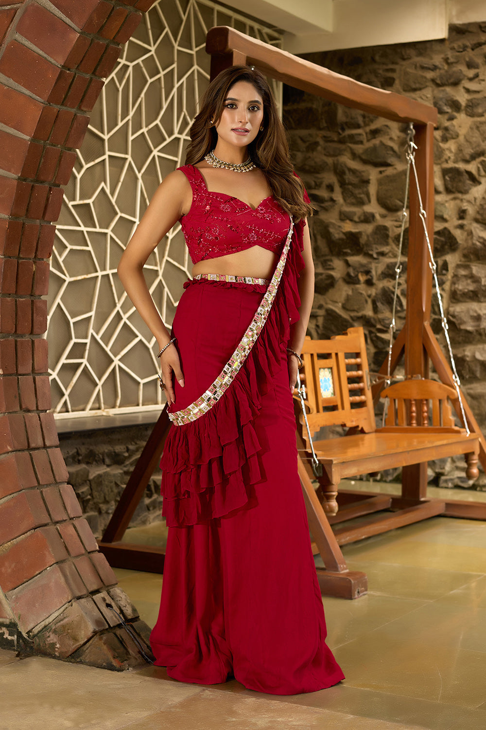 Kumkum Ruffle Sari