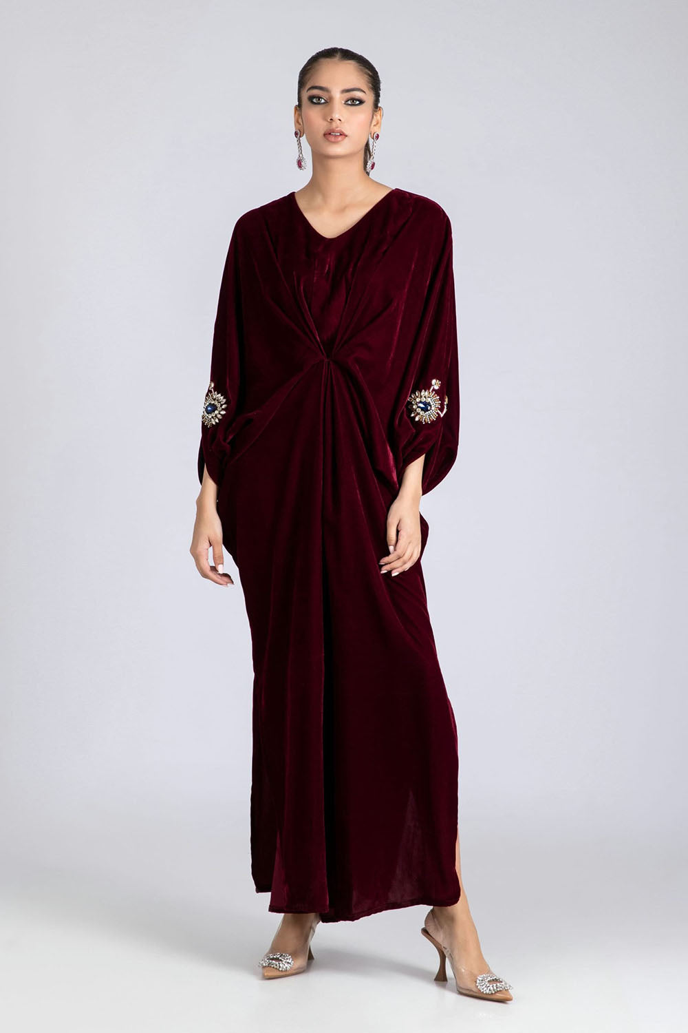 Maroon Royale Embellished Velvet Kaftan