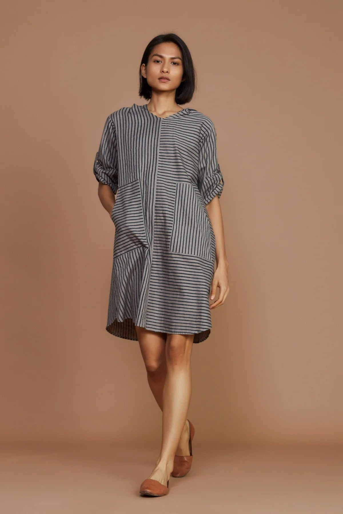 Ivory With Mauve Striped Hooded Dress