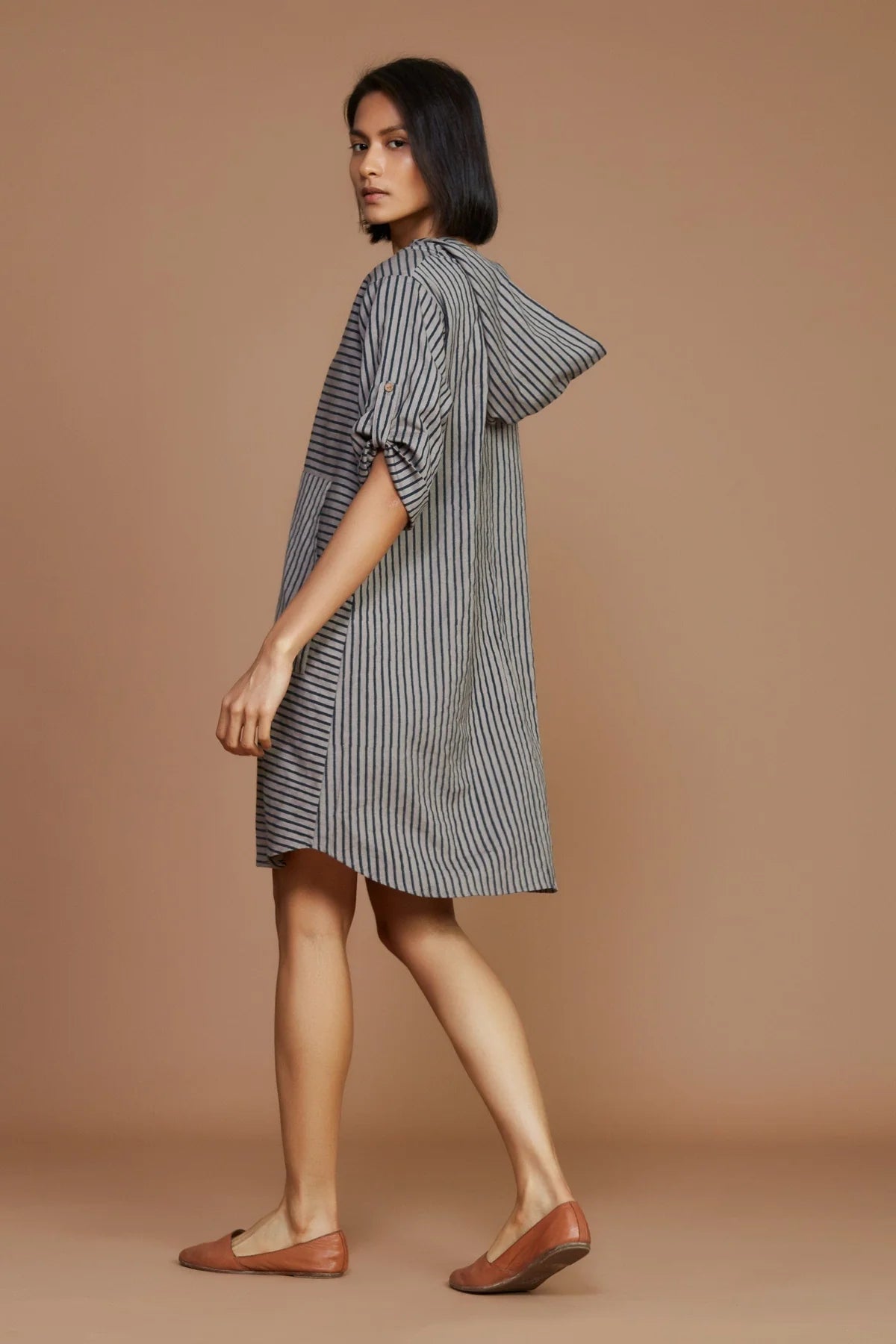Grey With Charcoal Striped Hooded Dress