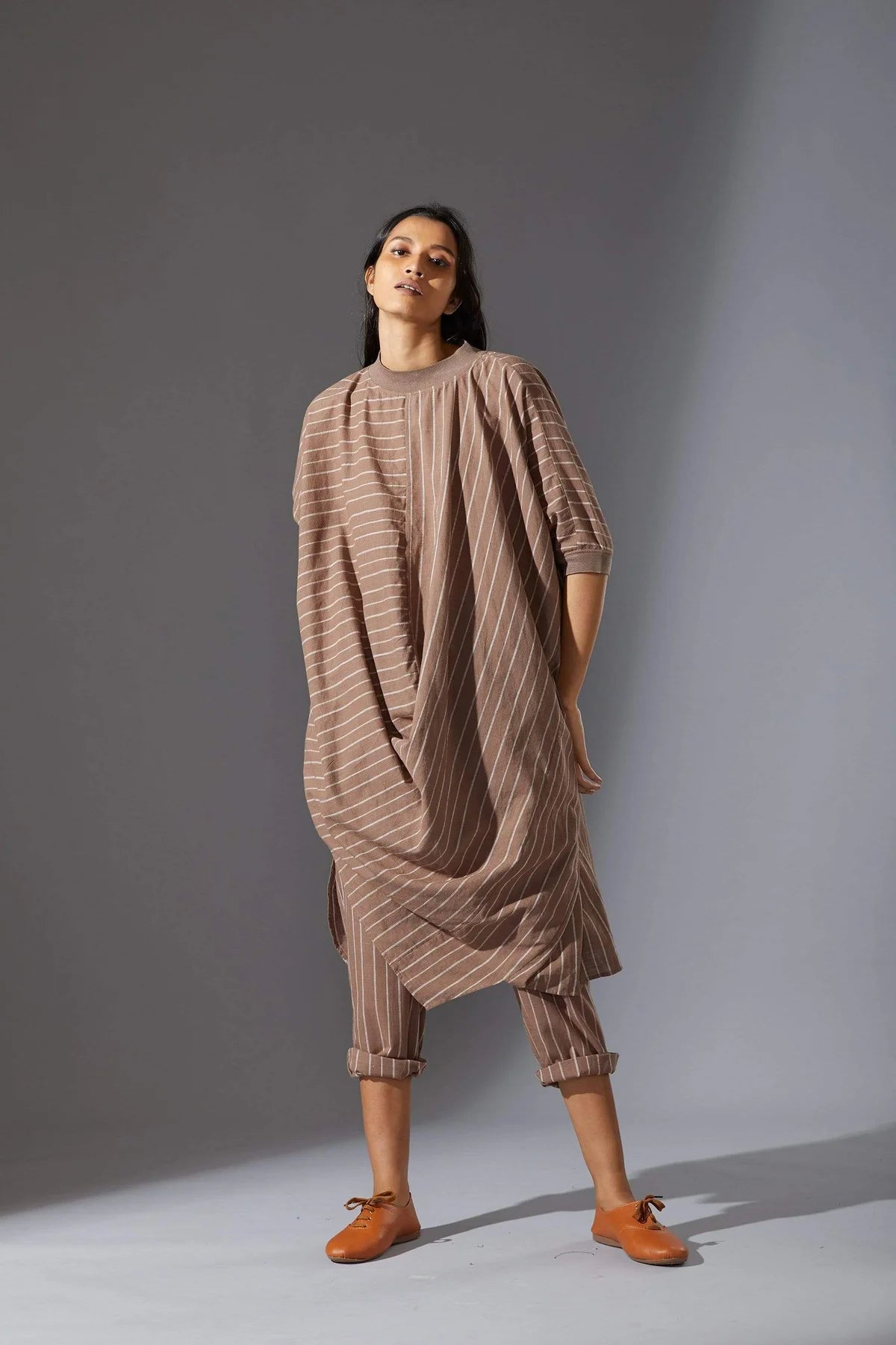 Beige Cowl Tunic With Ribbed Collar