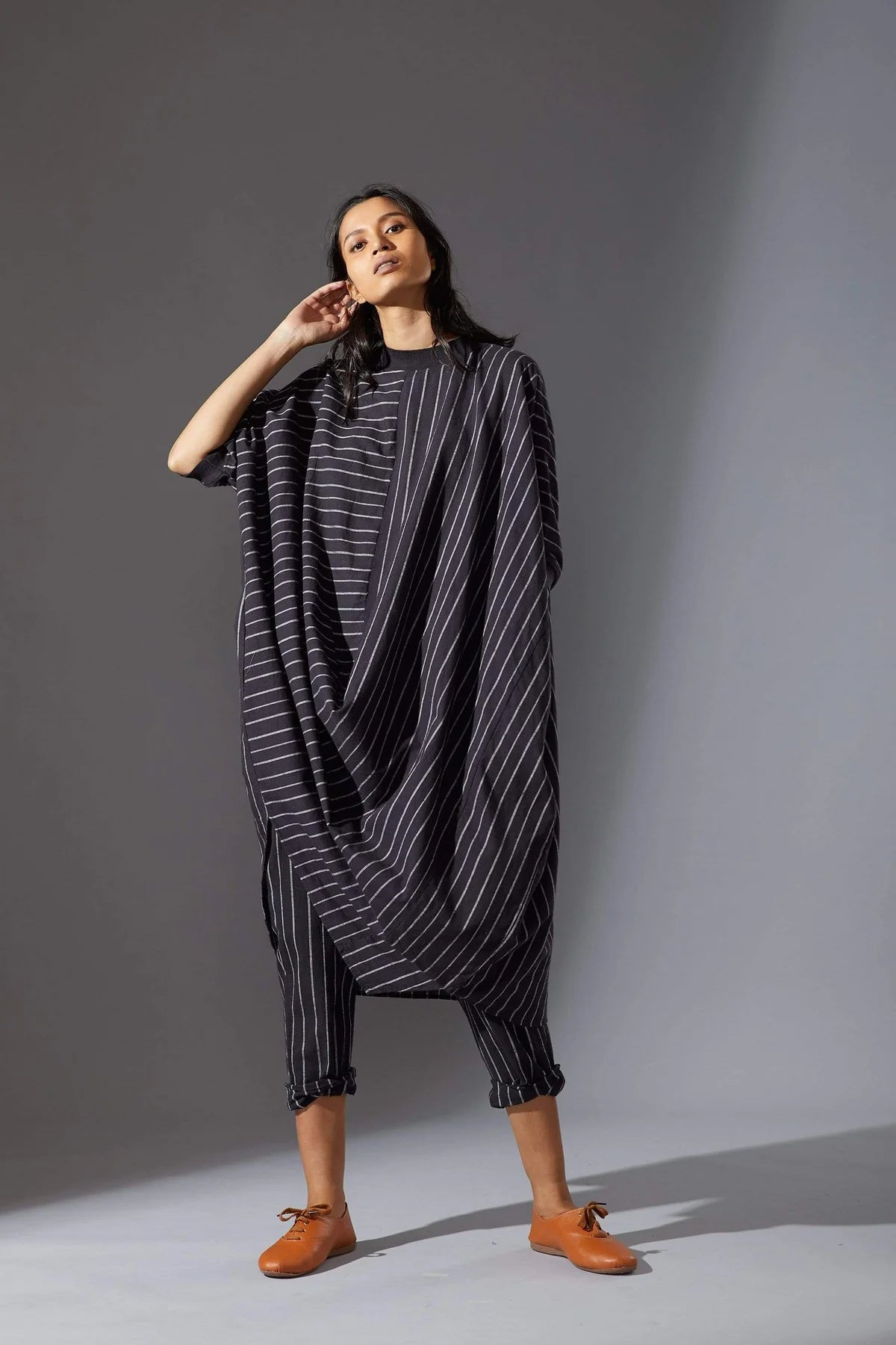 Black Cowl Tunic With Ribbed Collar