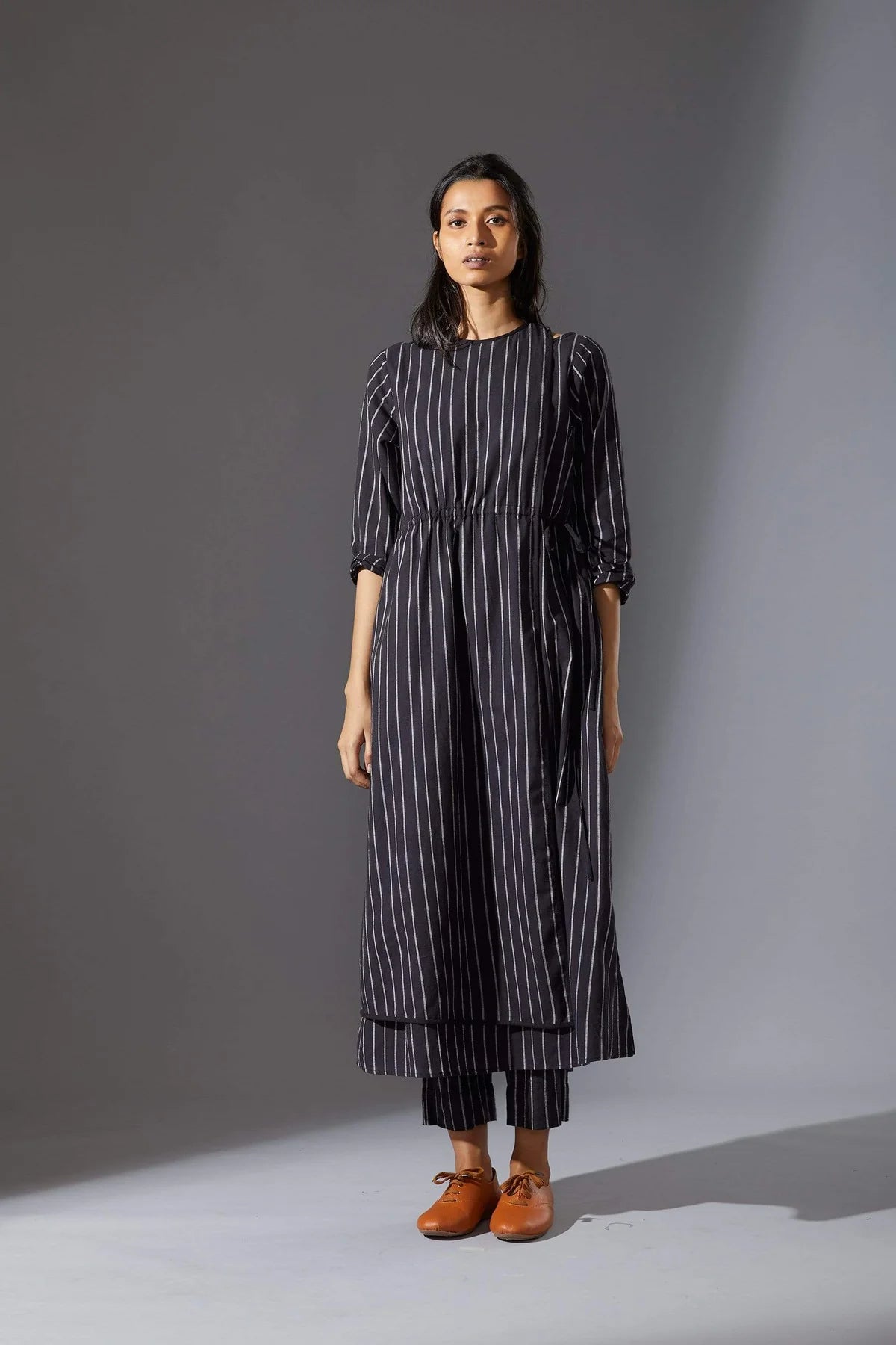 Overlap Black Striped Tunic Set with Pants
