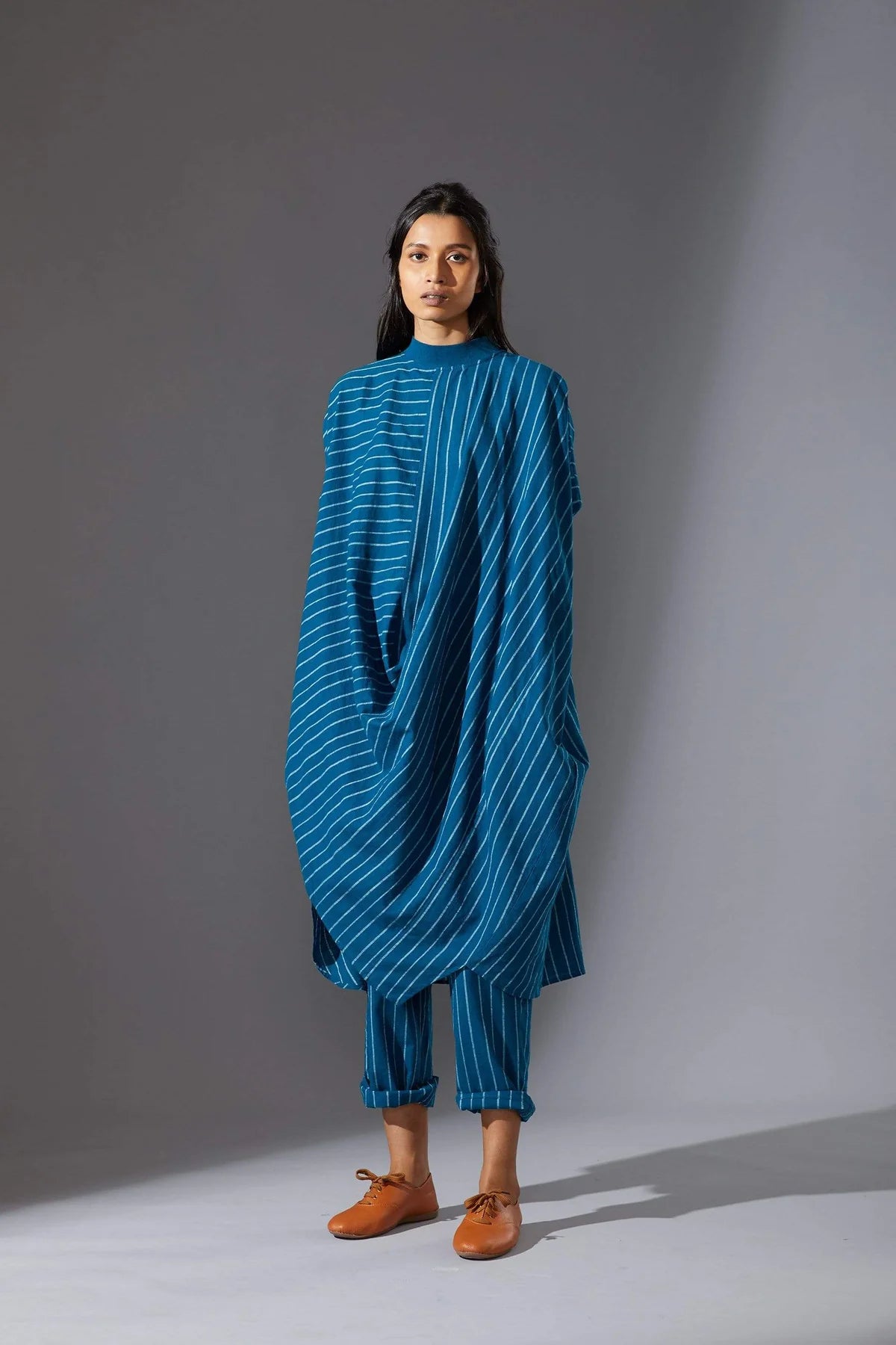 Ribbed Collar Blue Cowl Tunic Set with Pants