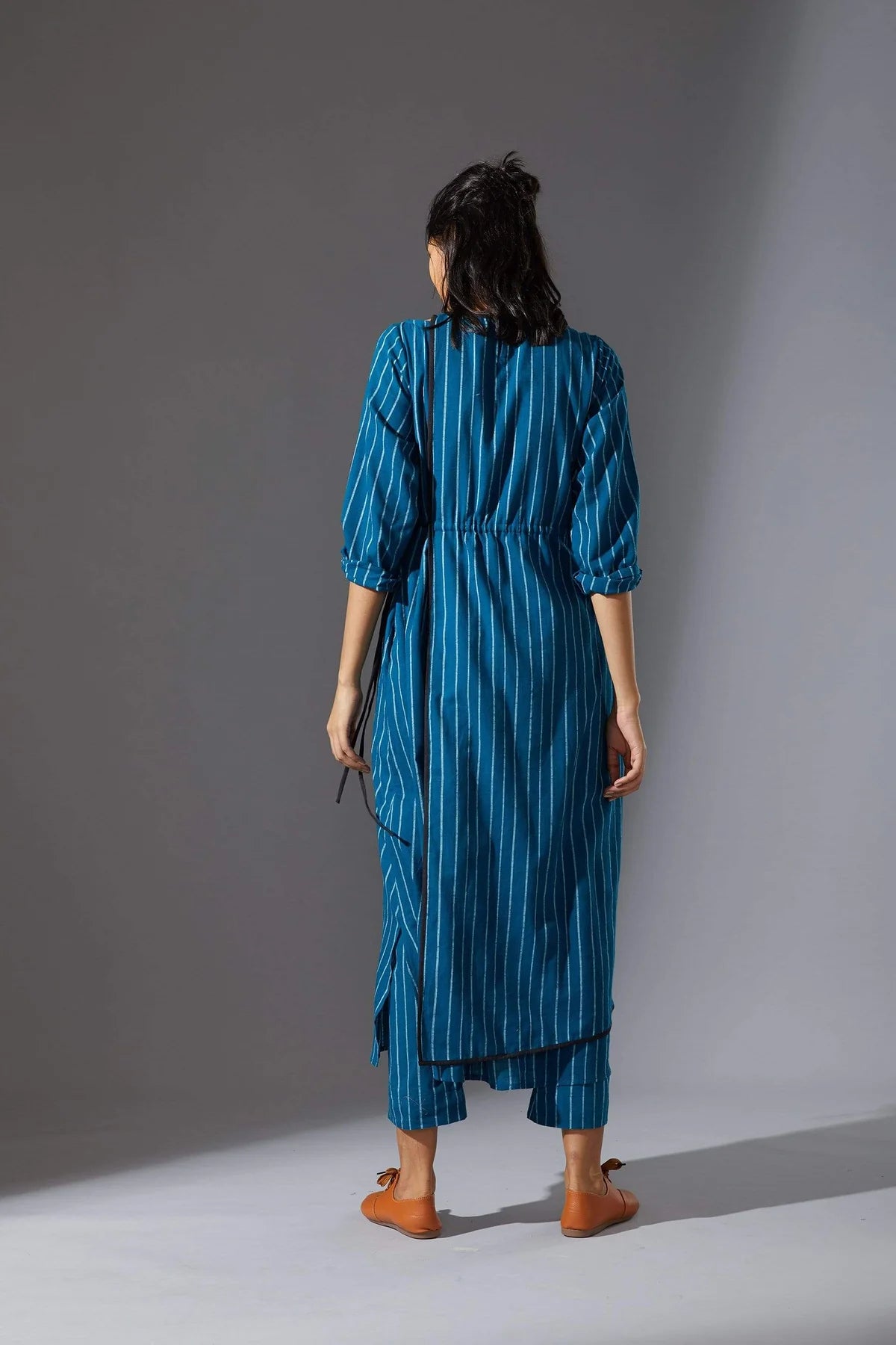 Overlap Blue Striped Tunic Set with Pants