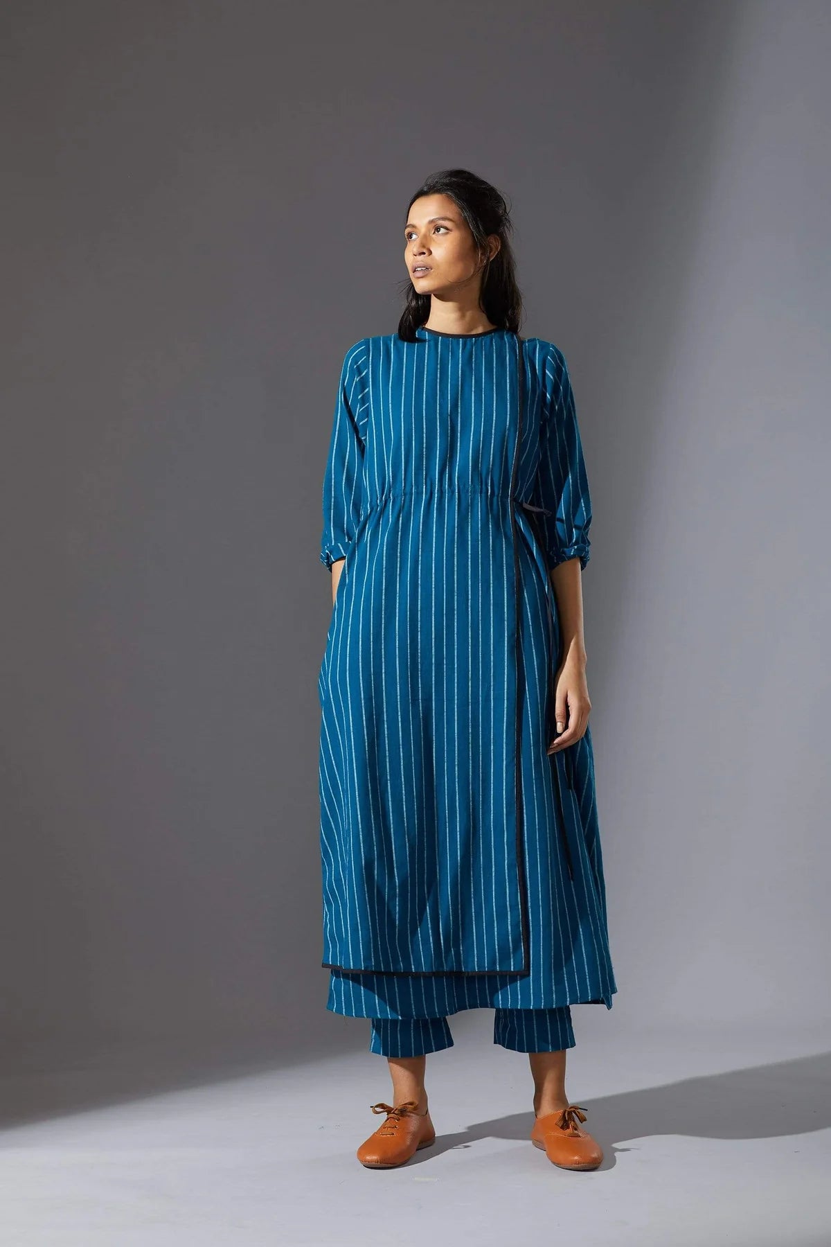 Overlap Blue Striped Tunic Set with Pants