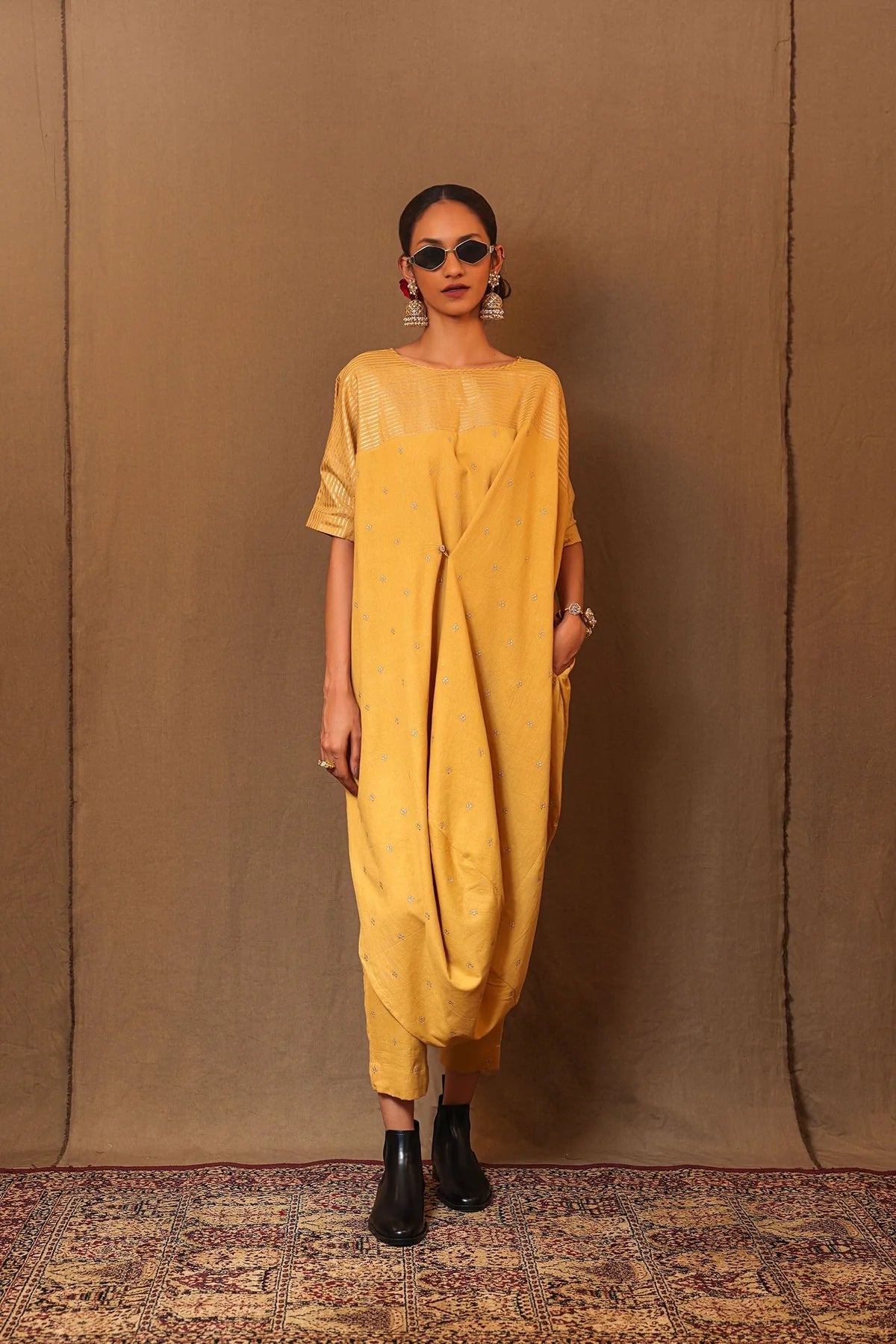 Mustard Club EMB Buttoned Cowl Tunic Set (2 PCS)