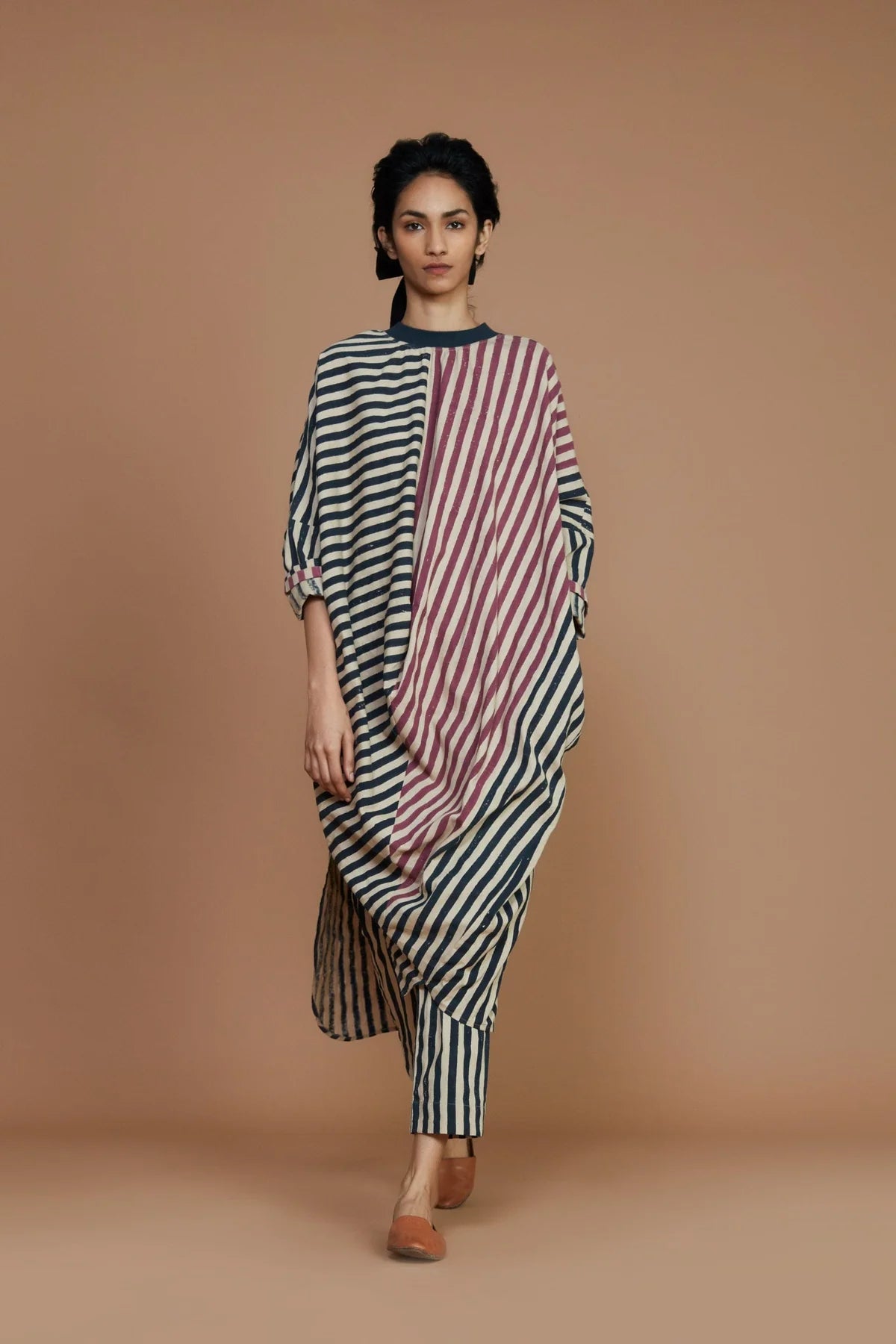 Ribbed Cowl Tunic Striped Ivory Co-Ord Set (2 PCS)