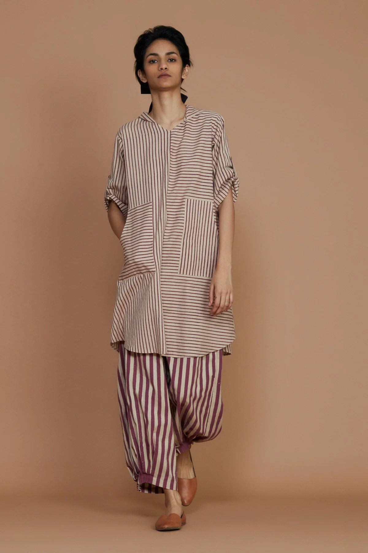 Ivory With Mauve Striped Hooded Co-ord Set