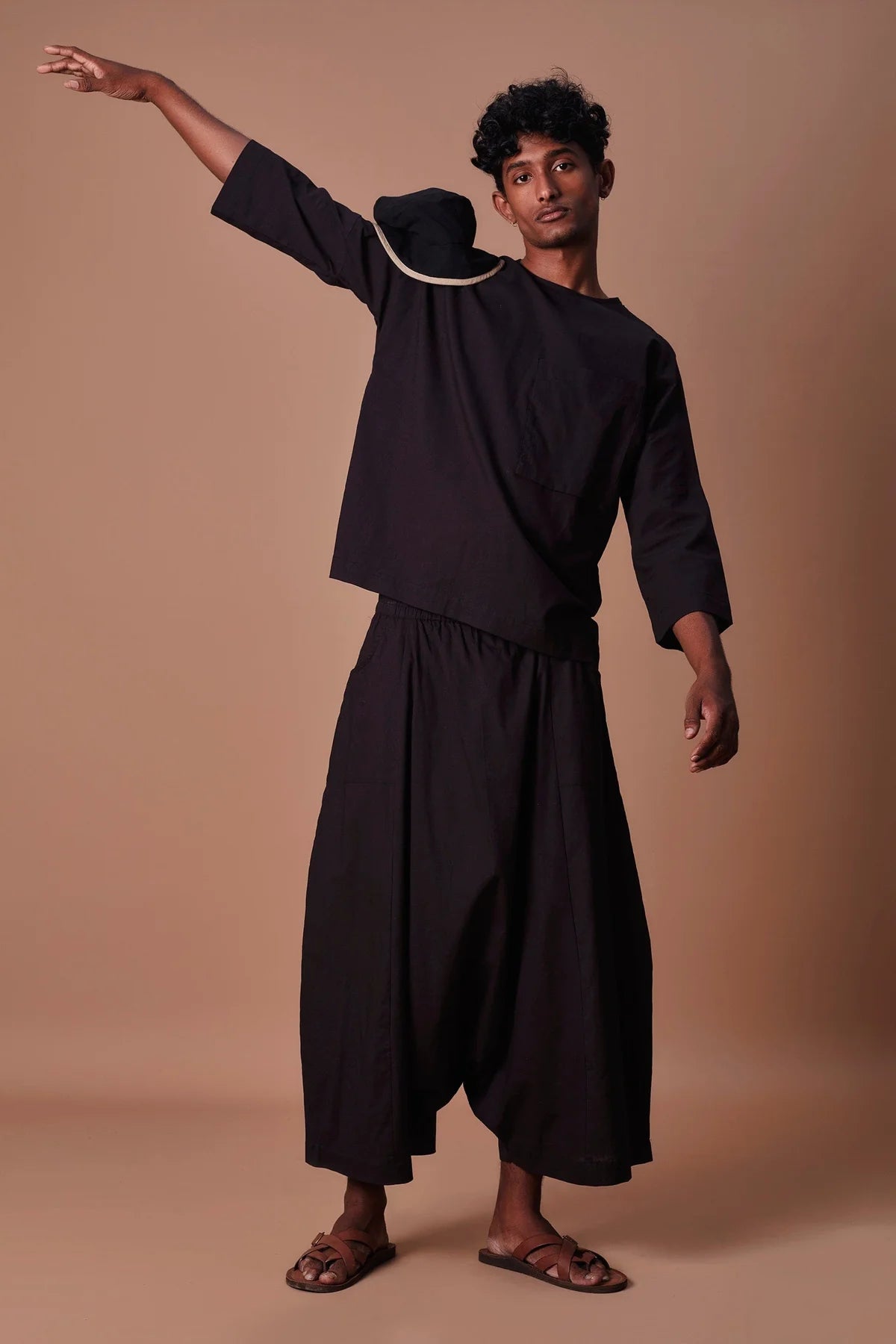 Black Cross Pocket Top & Harem Pants Set (2 PCS)