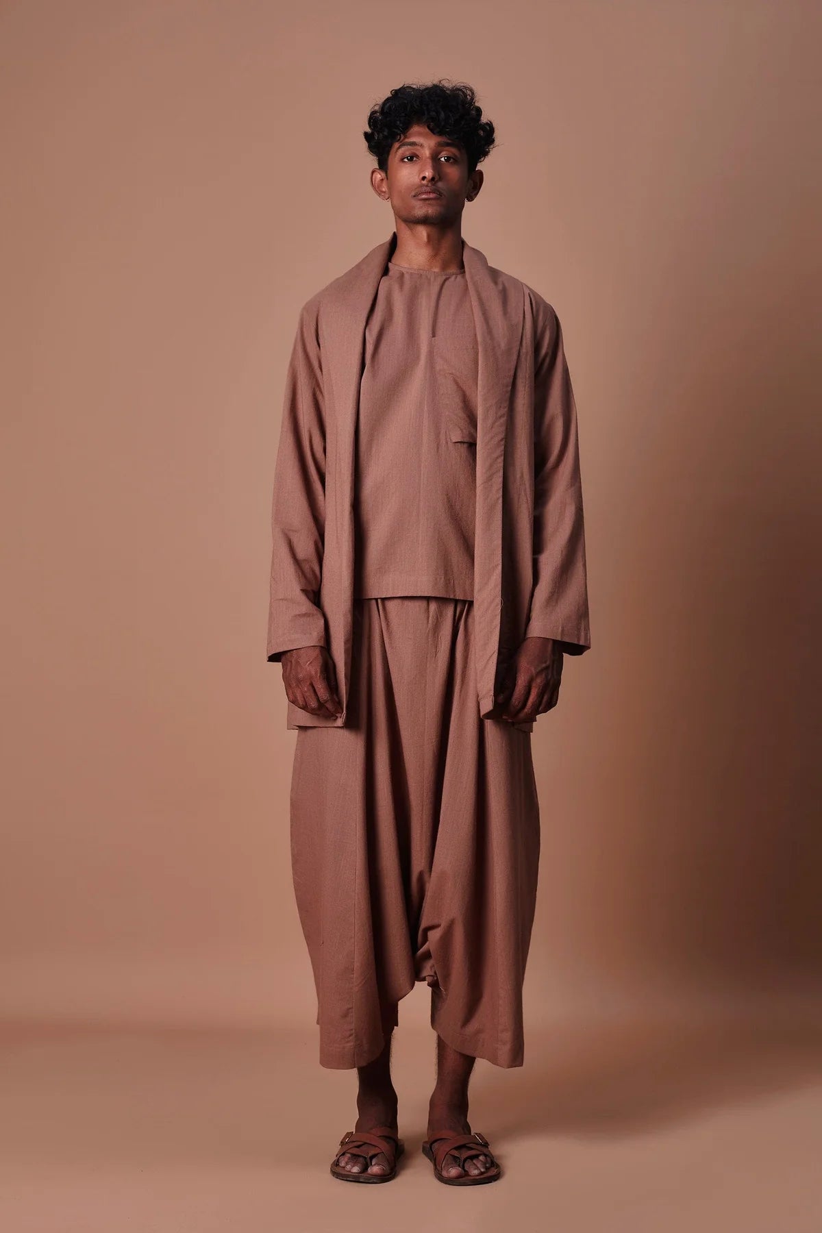 Brown Cross Pocket Top, Jacket & Harem Set (3 PCS)