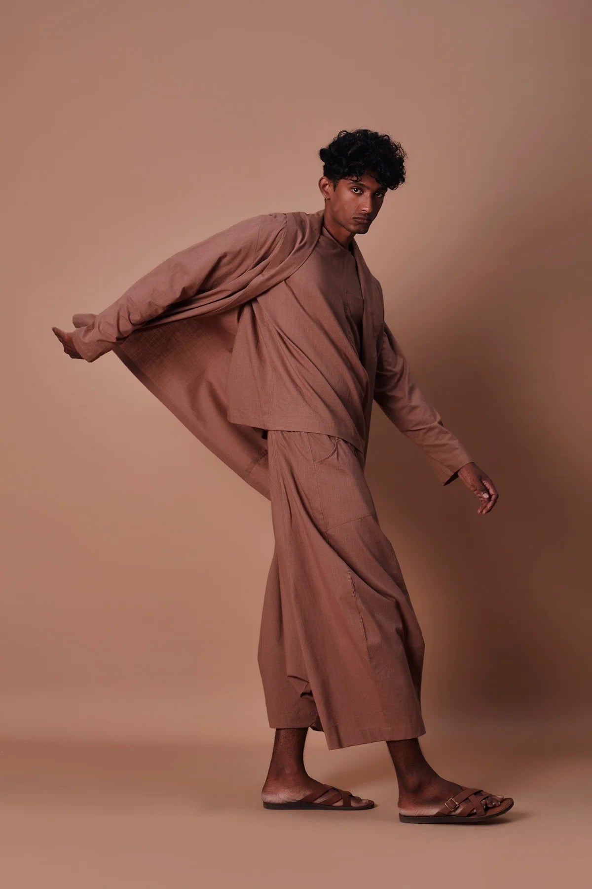 Brown Cross Pocket Top, Jacket & Harem Set (3 PCS)