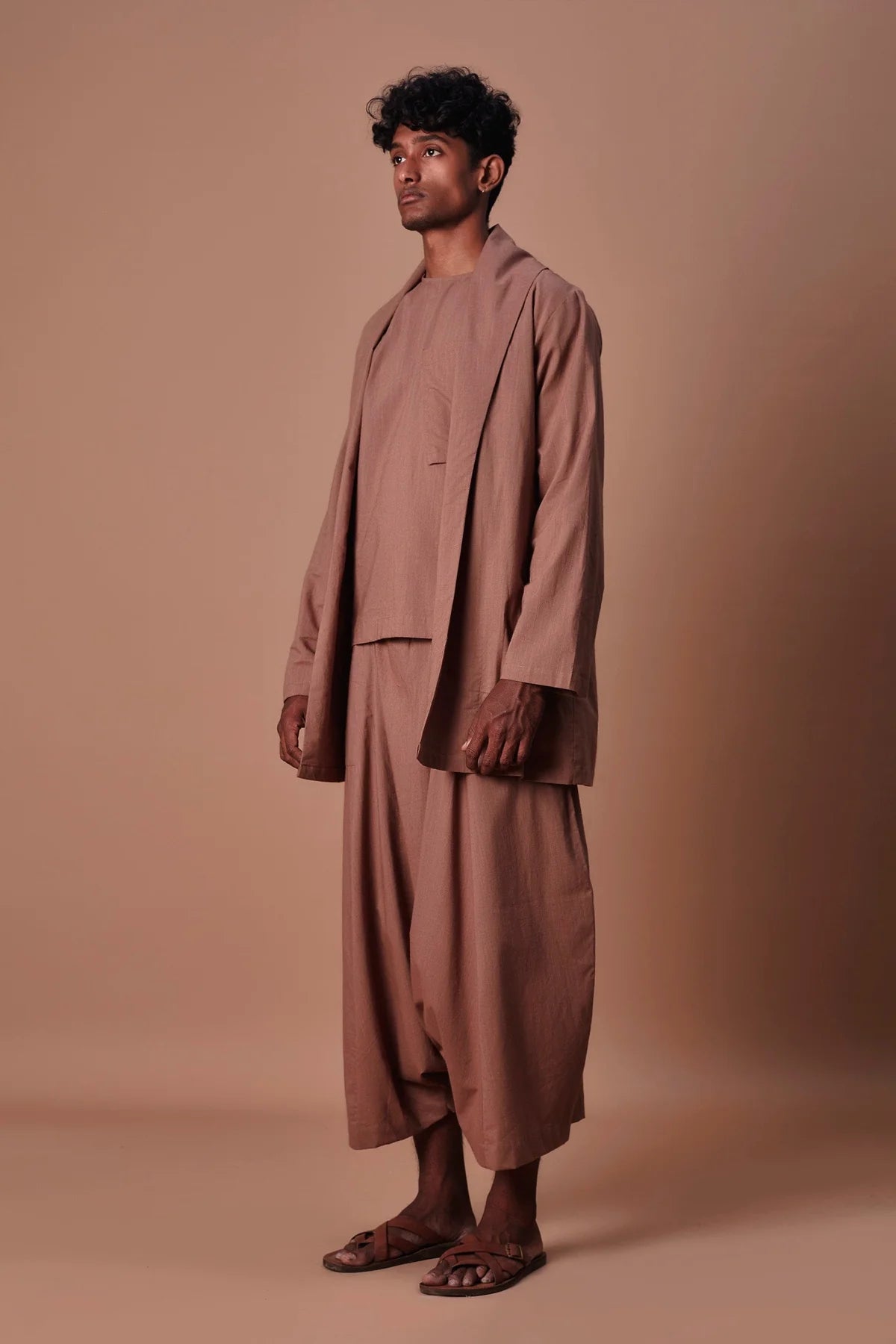 Brown Cross Pocket Top, Jacket & Harem Set (3 PCS)