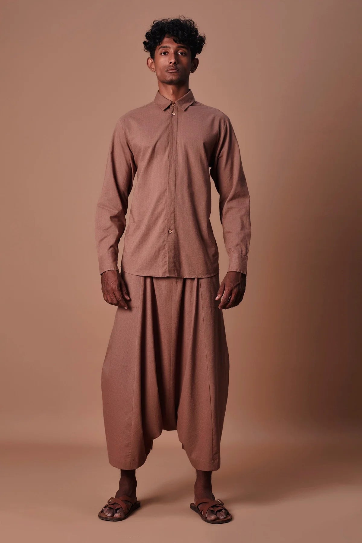Brown Double Buttoned Shirt & Harem Pant Set (2 PCS)