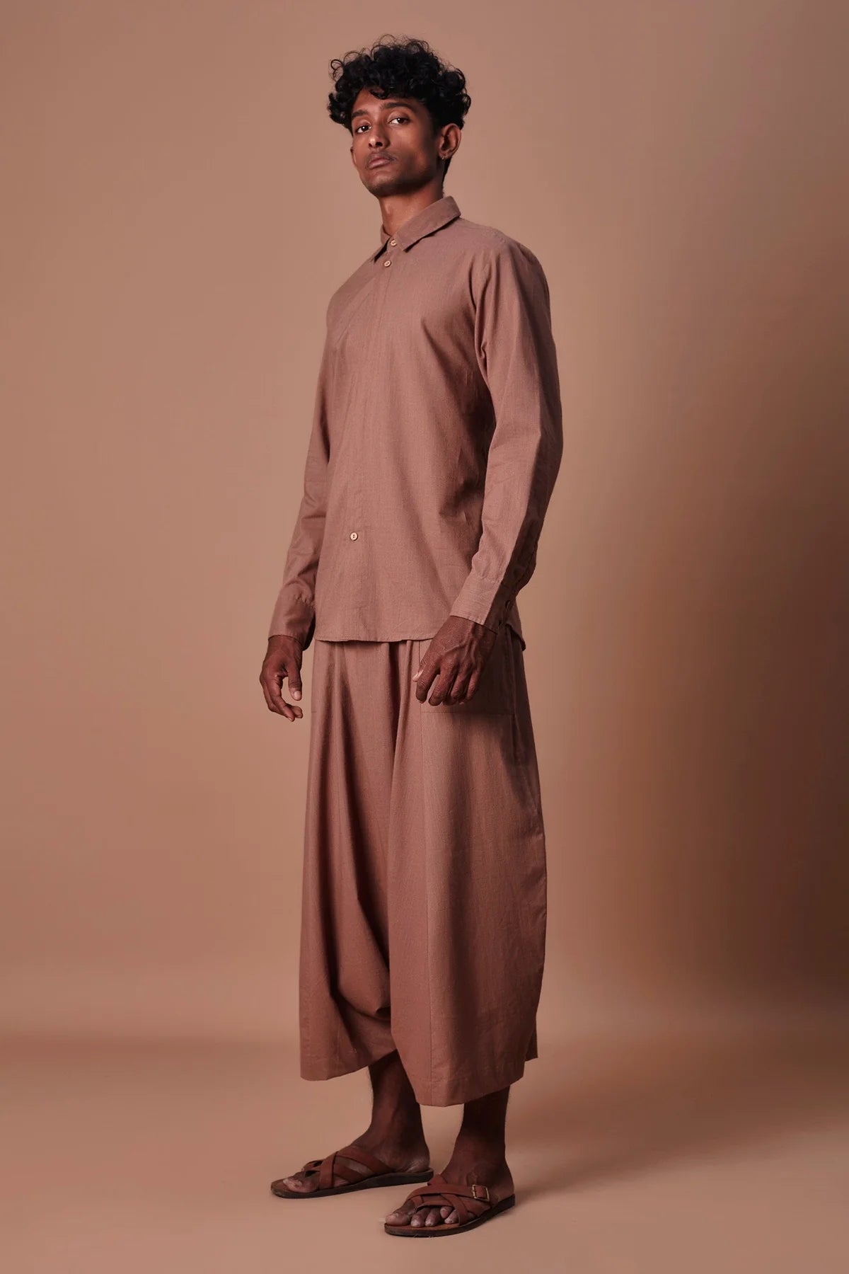 Brown Double Buttoned Shirt & Harem Pant Set (2 PCS)