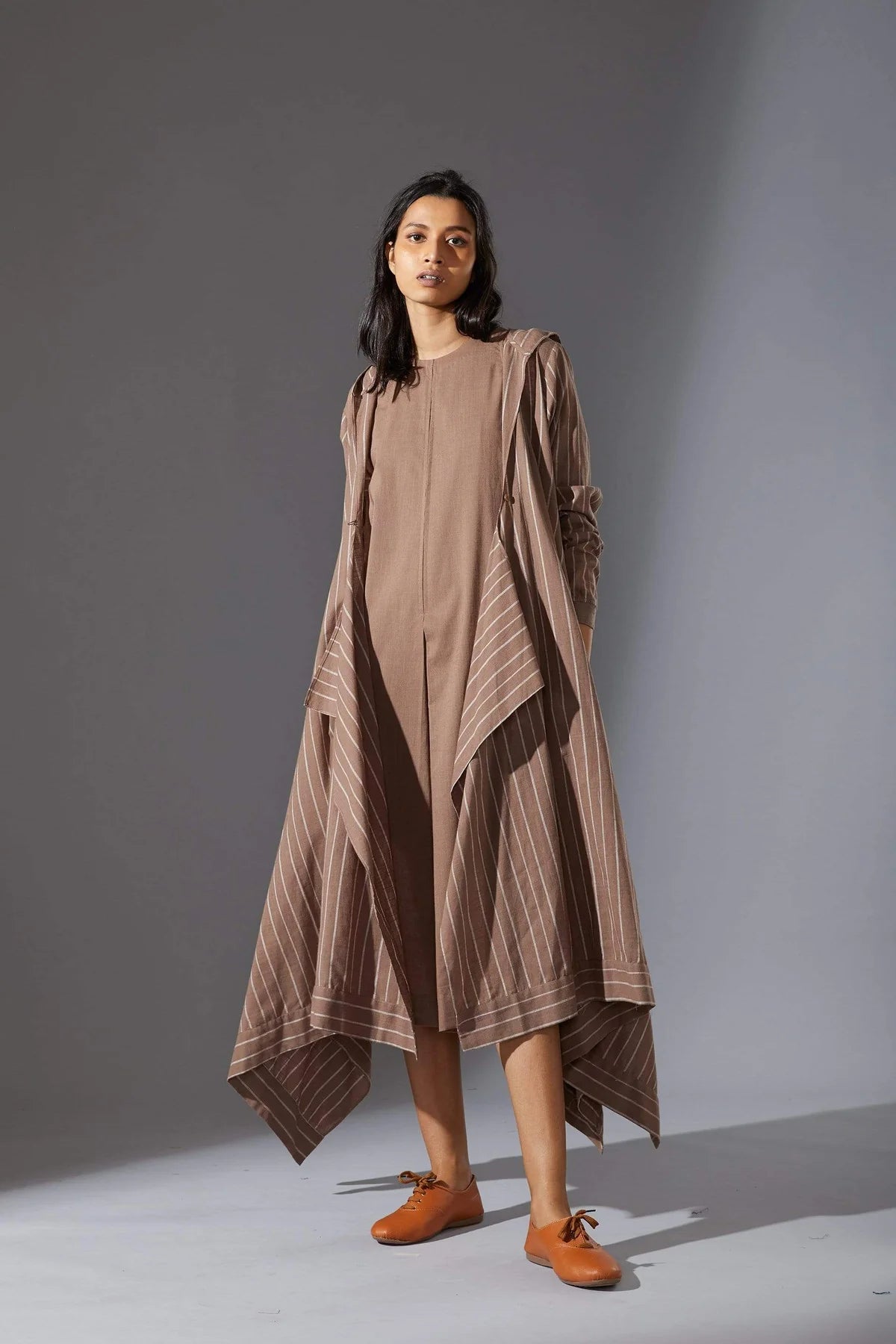 Hooded Koza Beige Dress & Overlay Set