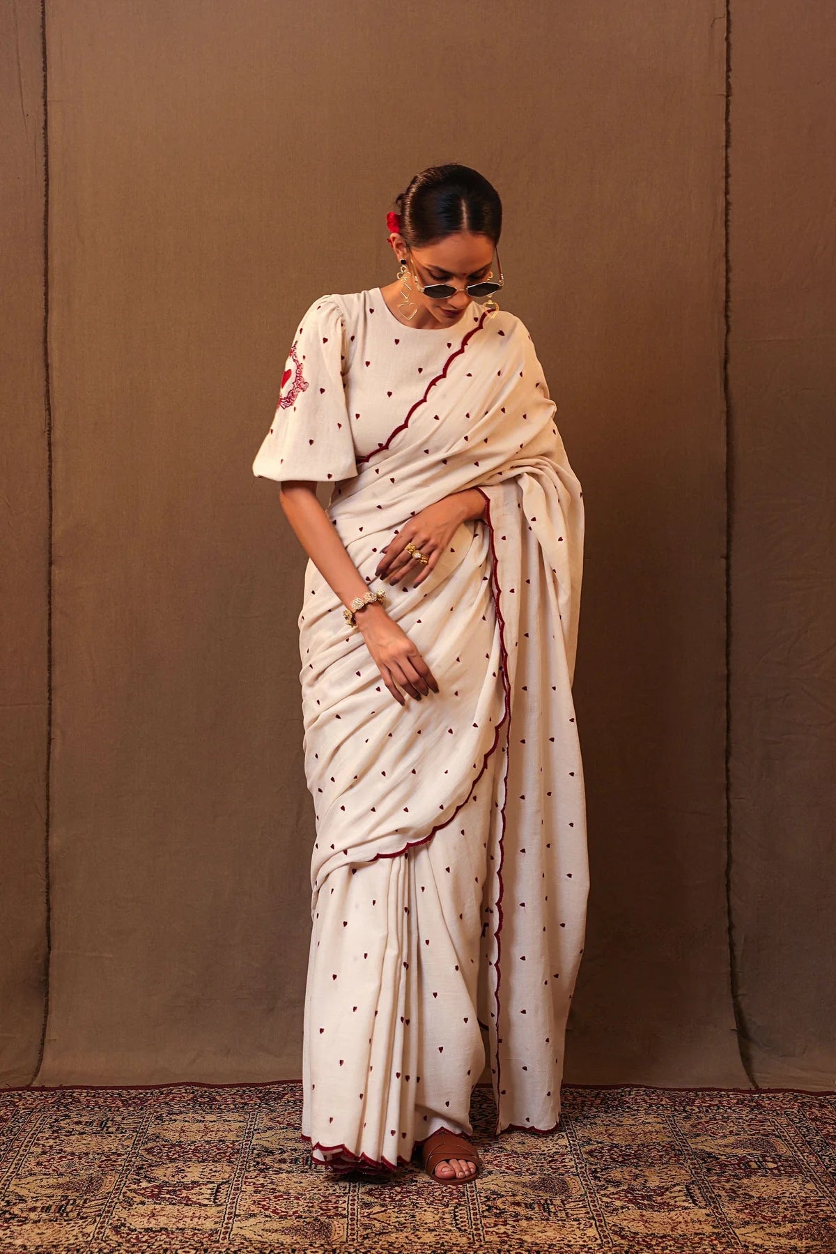 Off-White Heart EMB Saree