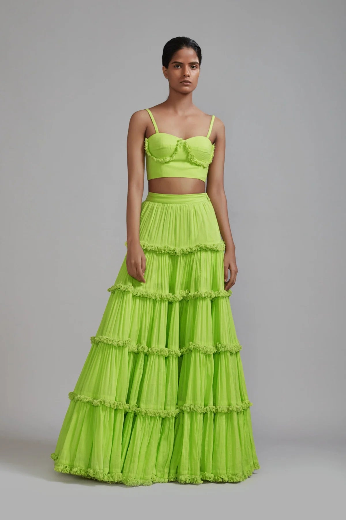 Neon Green Fringed Tiered Lehenga