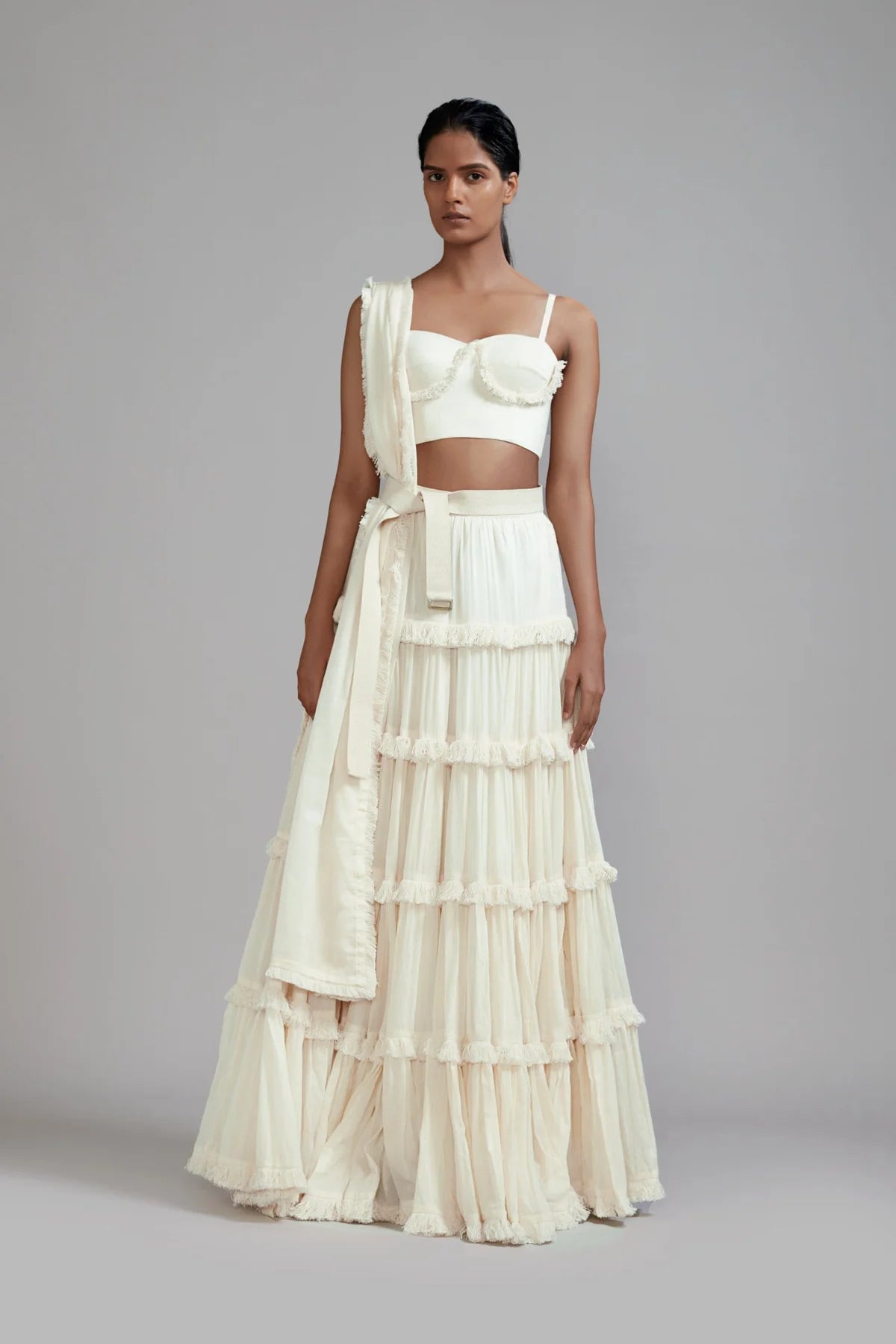 Off white Fringed Tiered Lehenga Set (3 PCS)