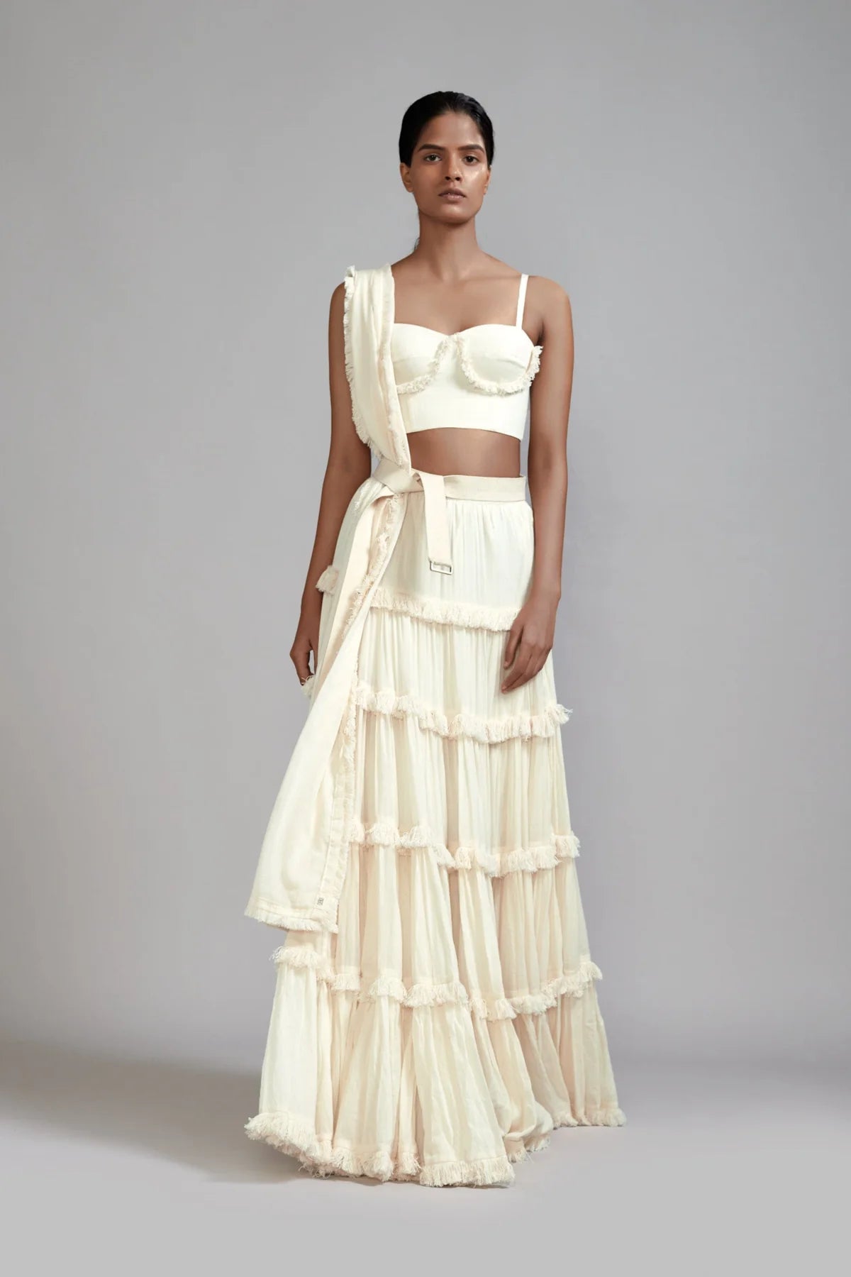 Off white Fringed Tiered Lehenga Set (3 PCS)