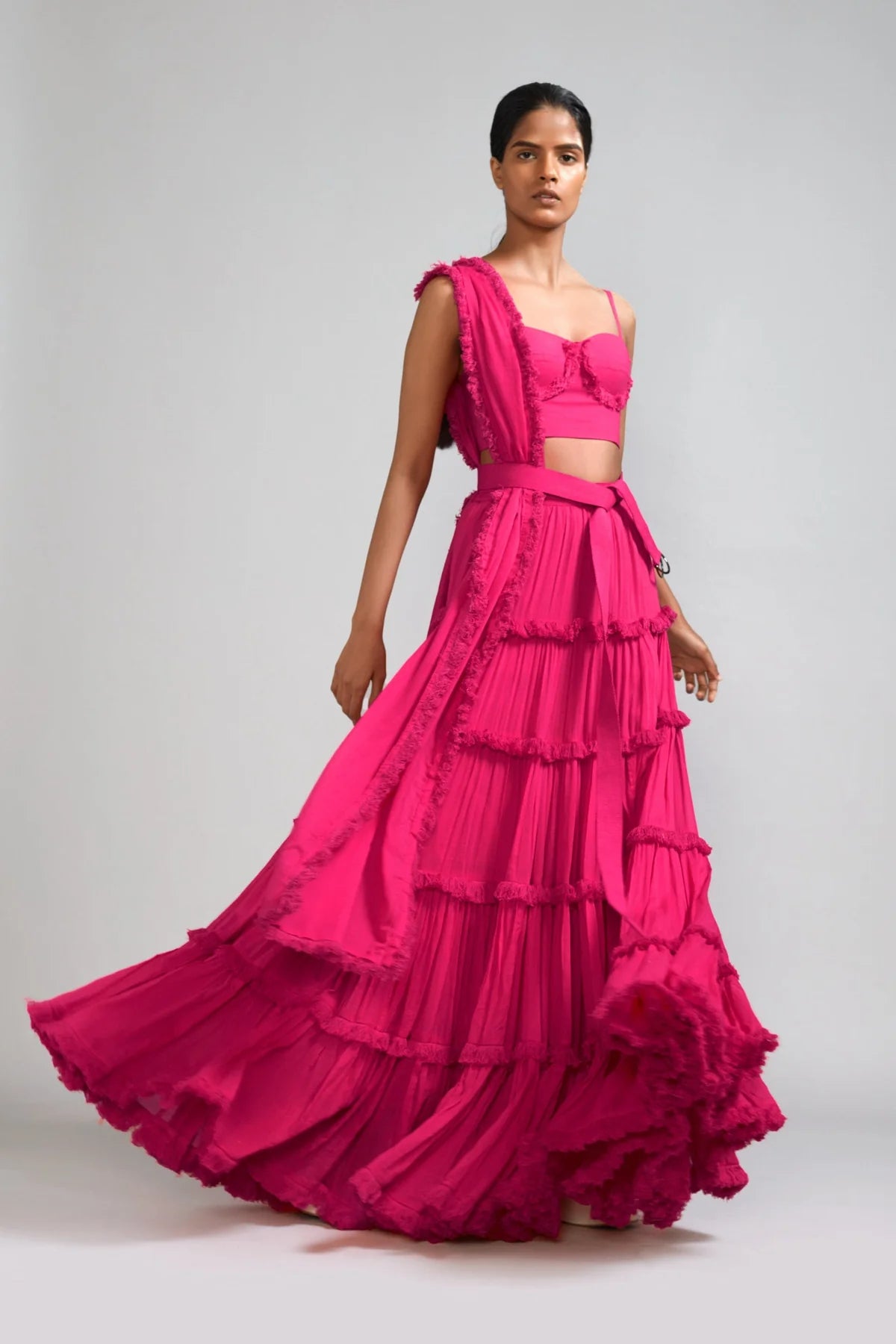 Pink Fringed Tiered Lehenga Set (3 PCS)