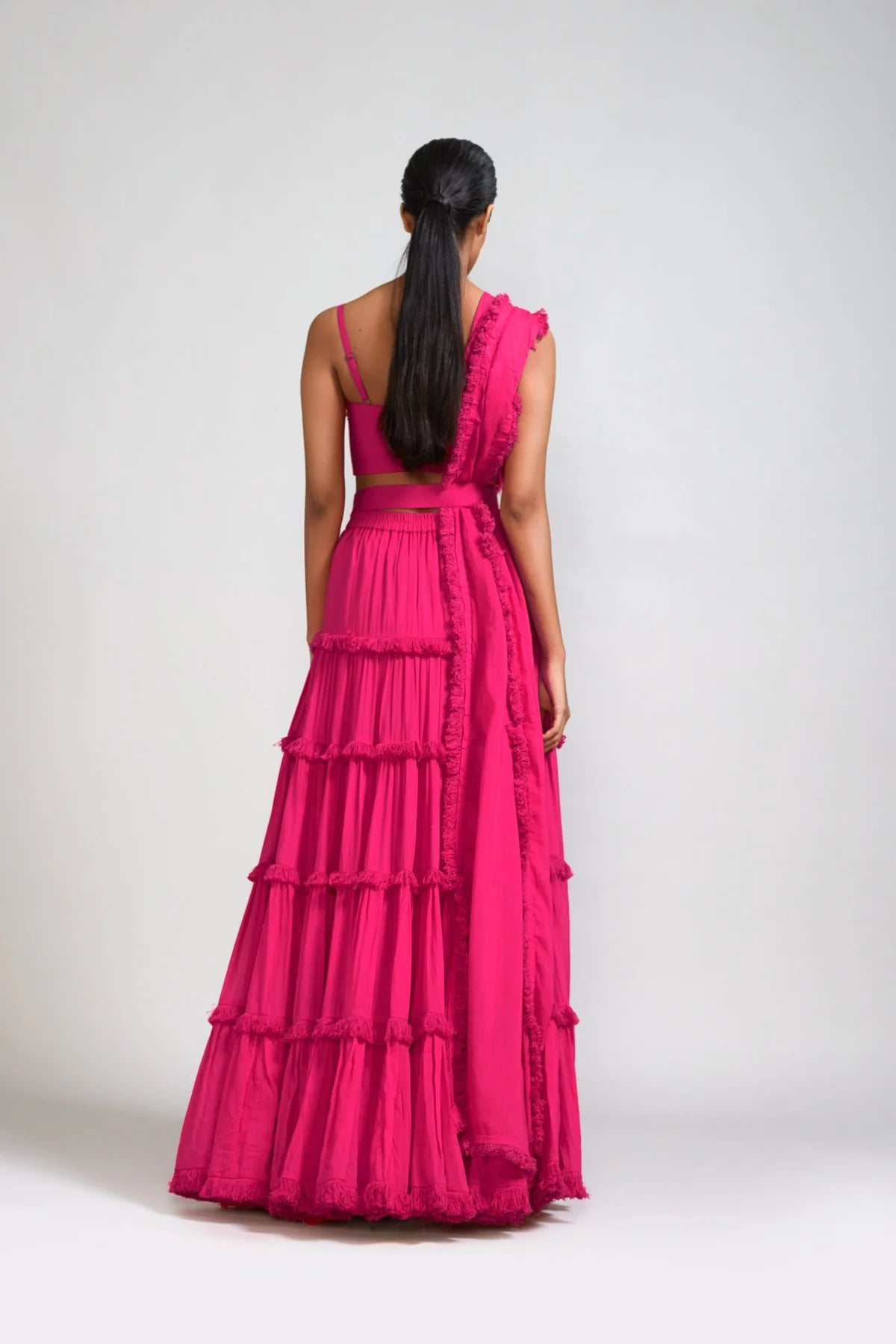 Pink Fringed Tiered Lehenga Set (3 PCS)