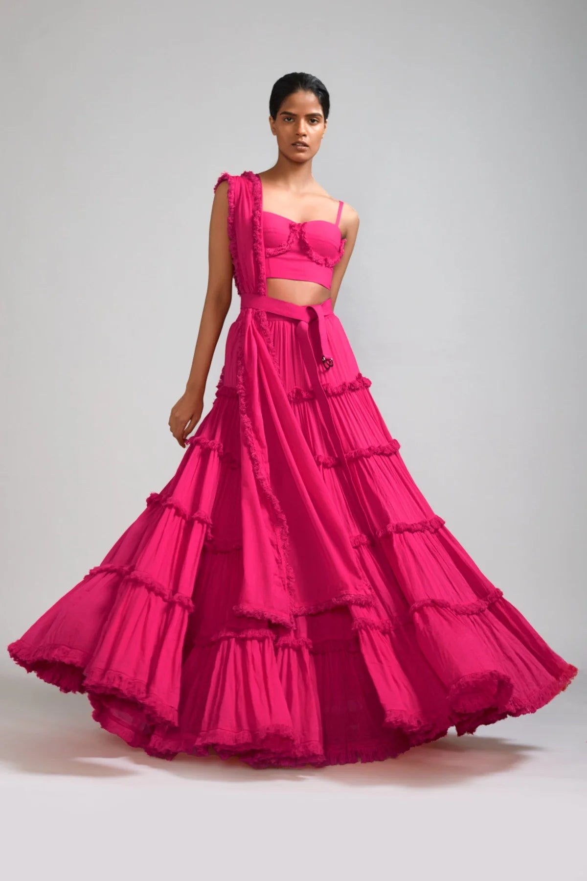 Pink Fringed Tiered Lehenga Set (3 PCS)