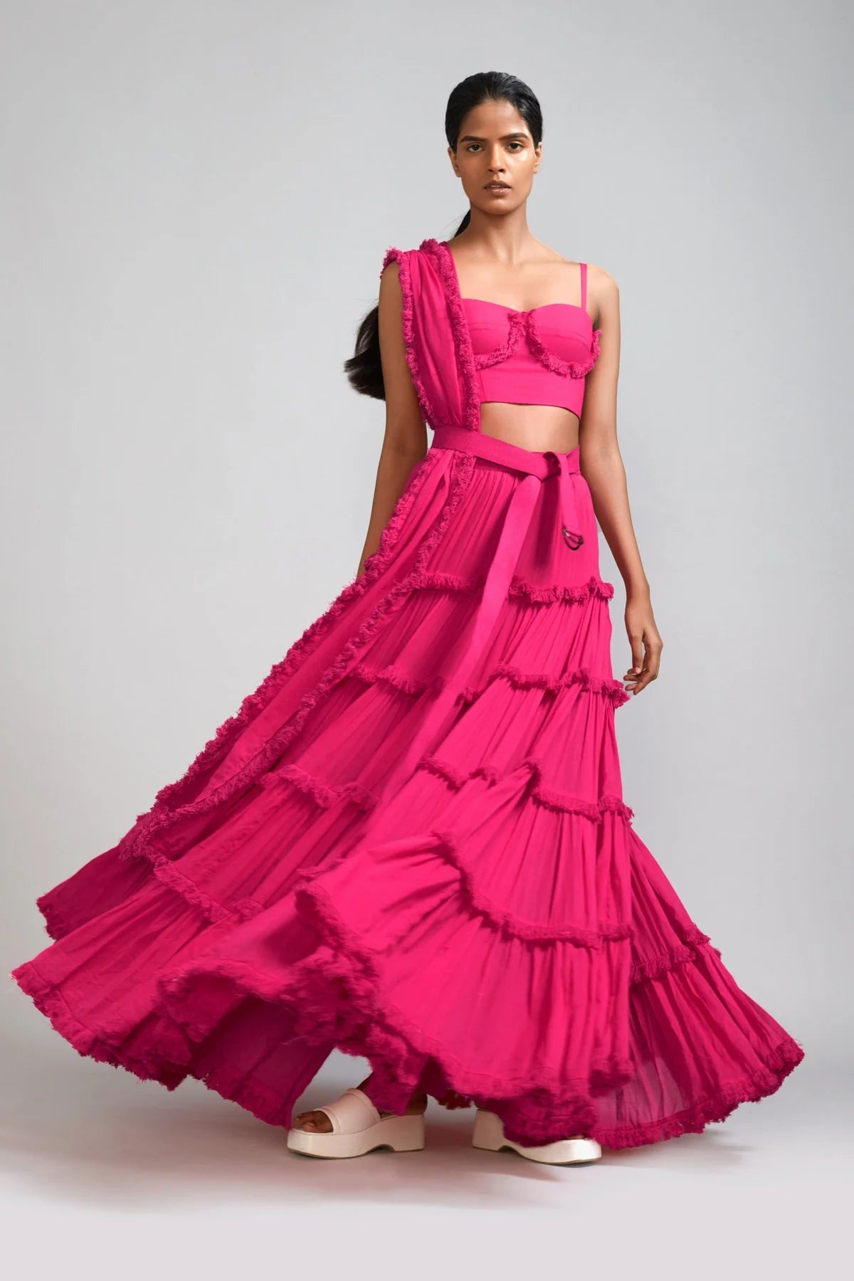 Pink Fringed Tiered Lehenga Set (3 PCS)