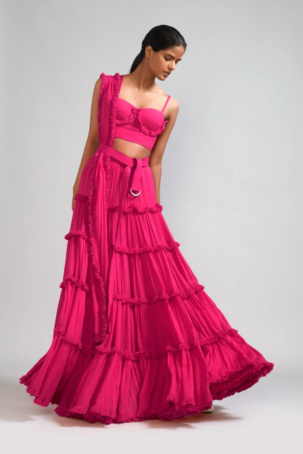 Pink Fringed Tiered Lehenga Set (3 PCS)