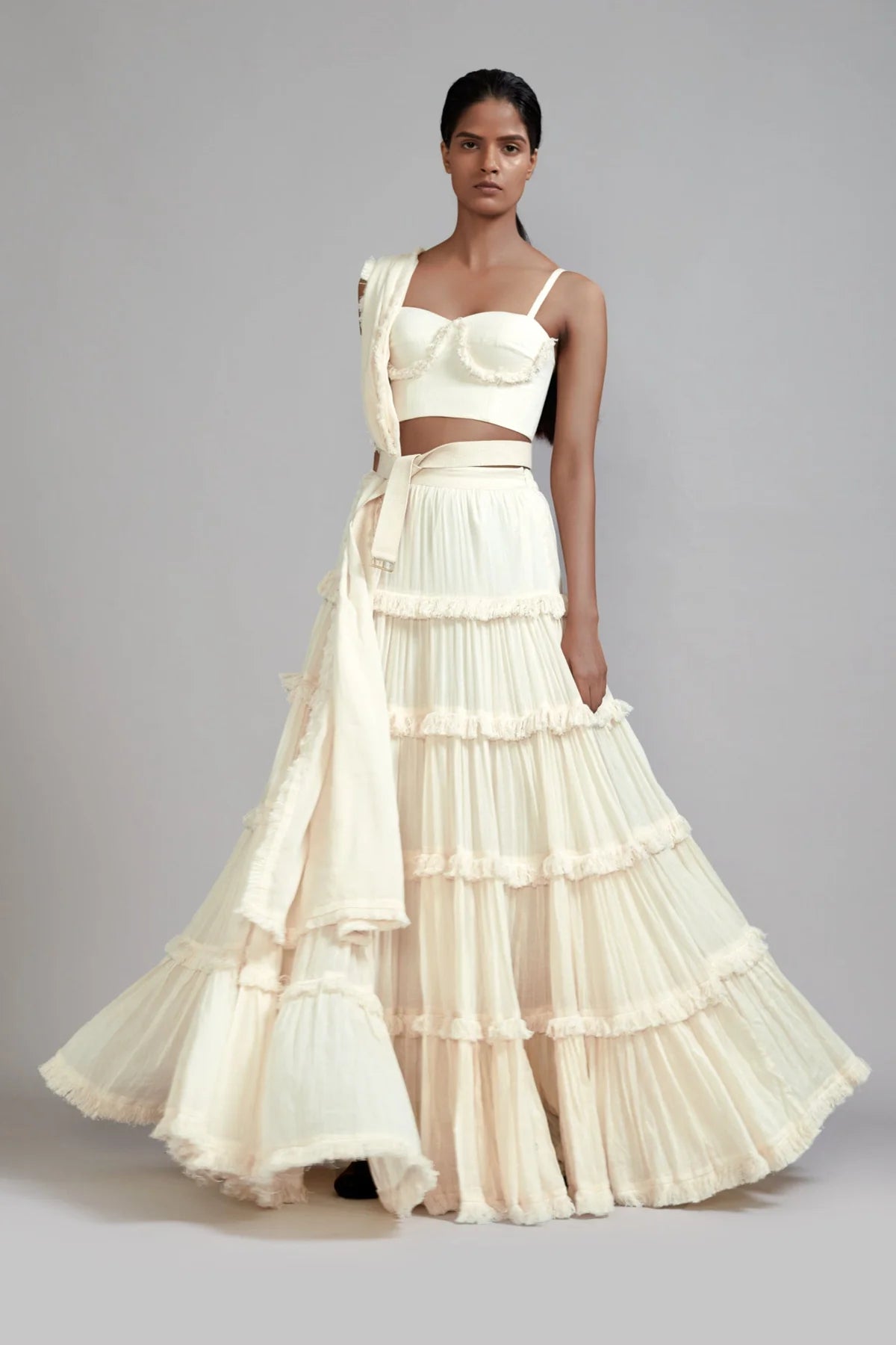 Off white Fringed Tiered Lehenga Set (3 PCS)