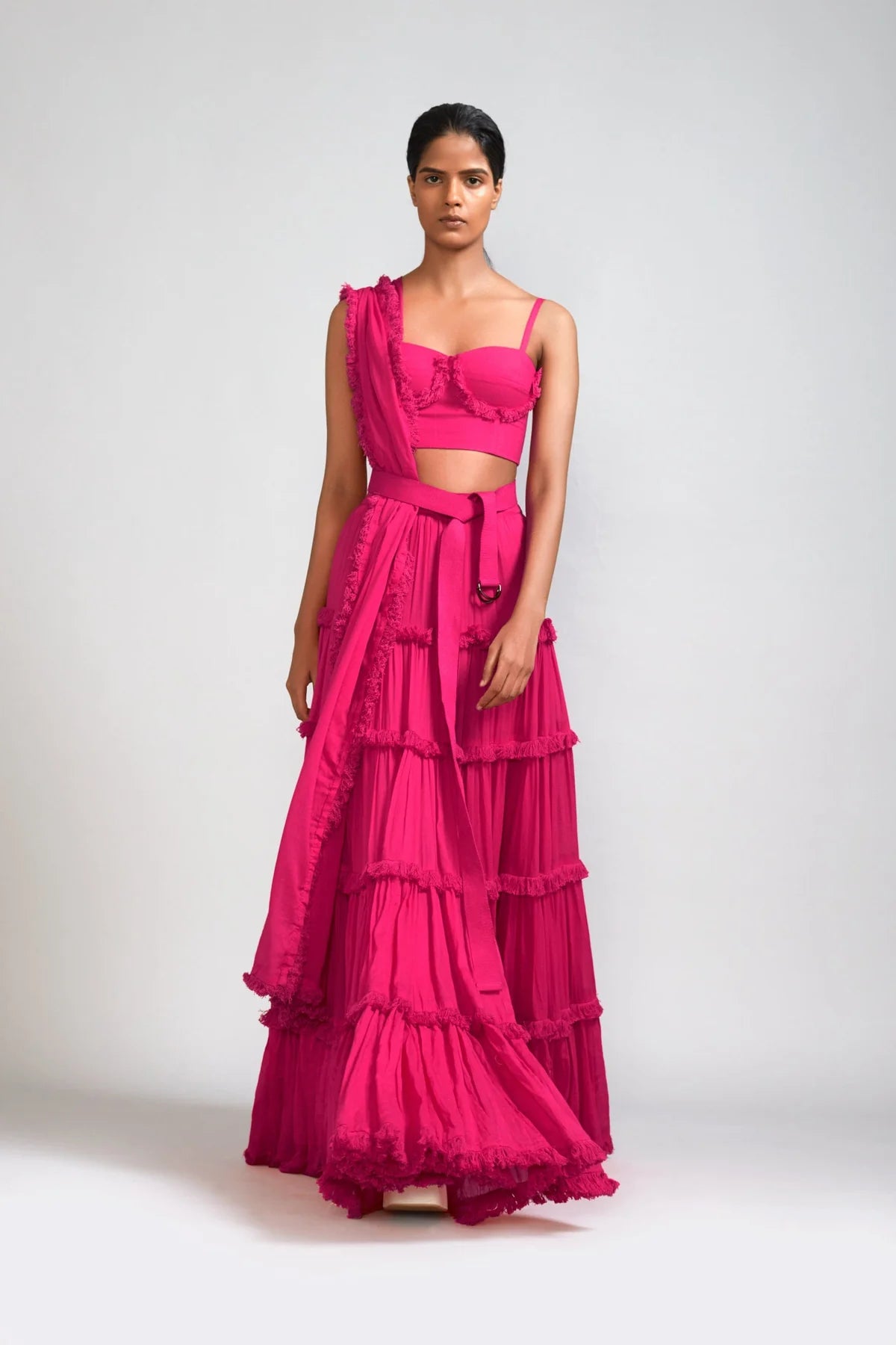 Pink Fringed Tiered Lehenga Set (3 PCS)