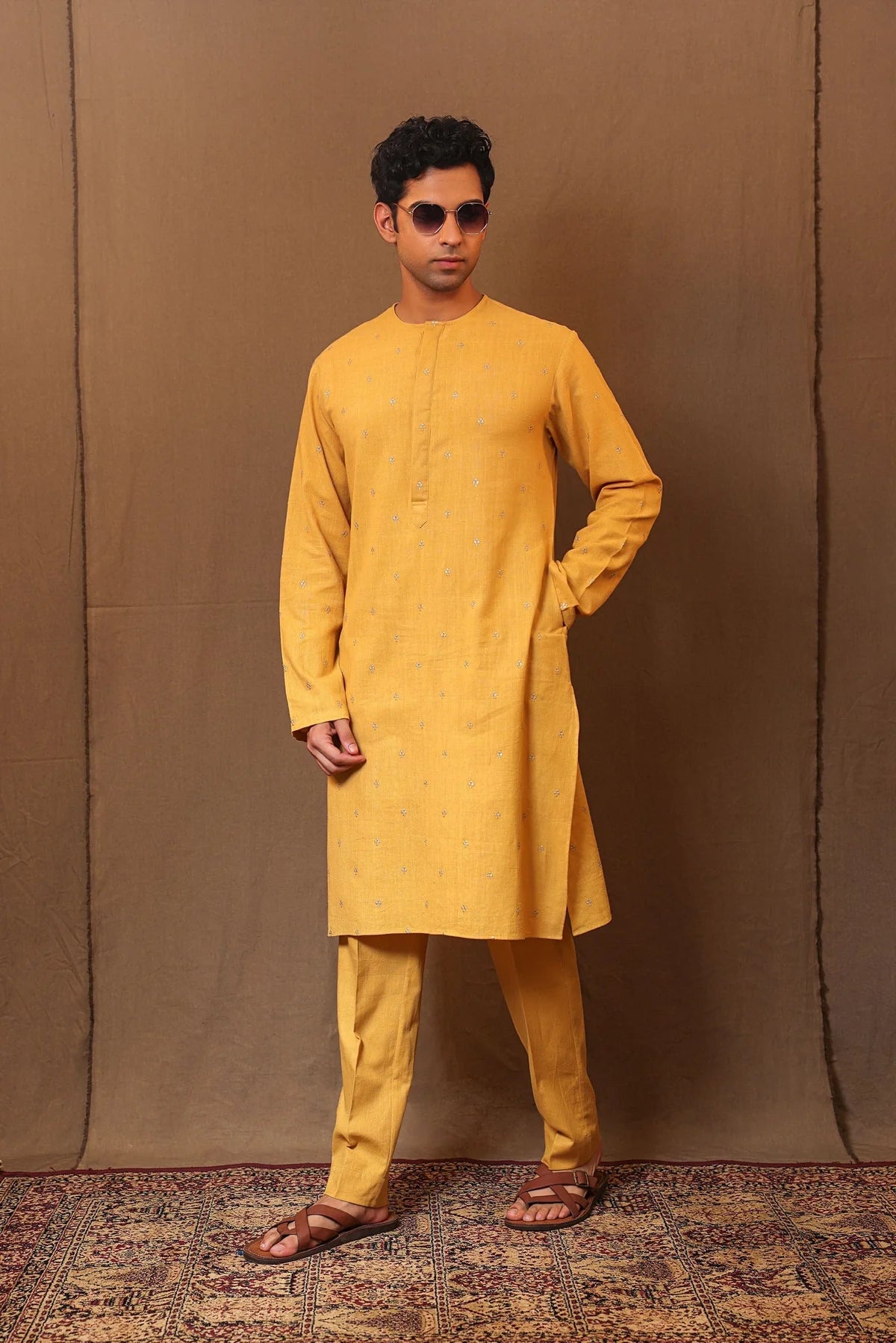 Mustard EMB Zari Clubs SB Cotton Kurta