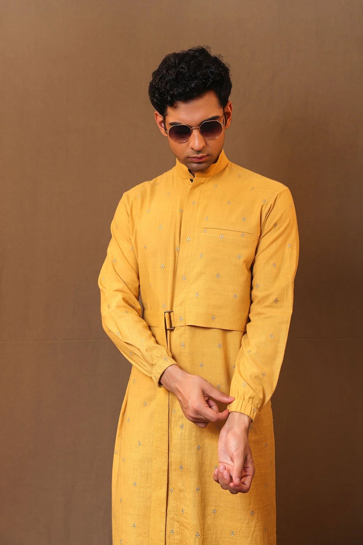 Mustard Zari Club EMB Belted Kurta
