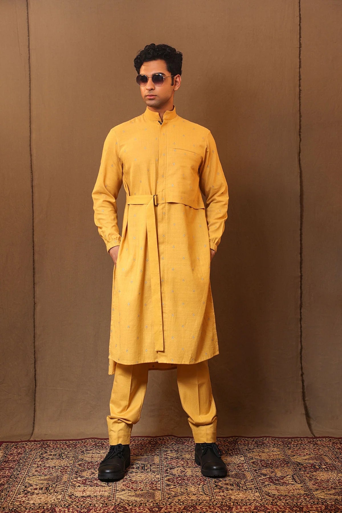Mustard Zari Club EMB Belted Kurta