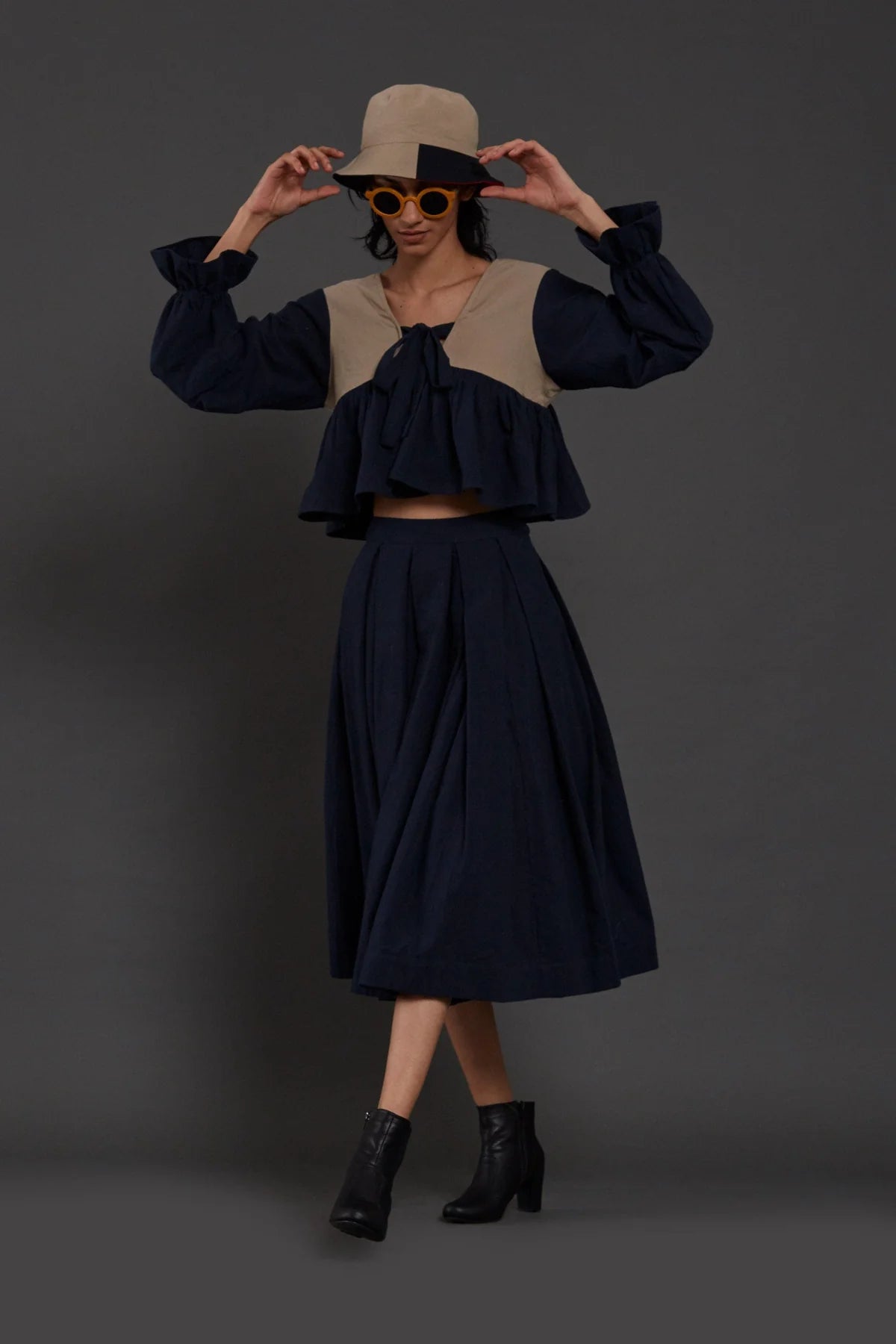 Beige & Navy Blue Bow Top